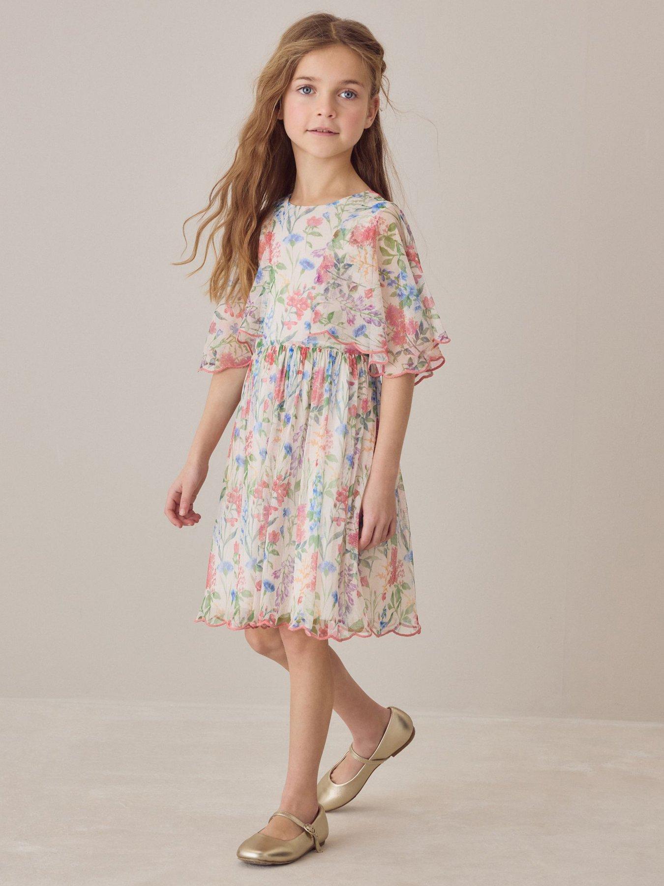Laura Ashley Girls Cape Floral Print Dress - Multi