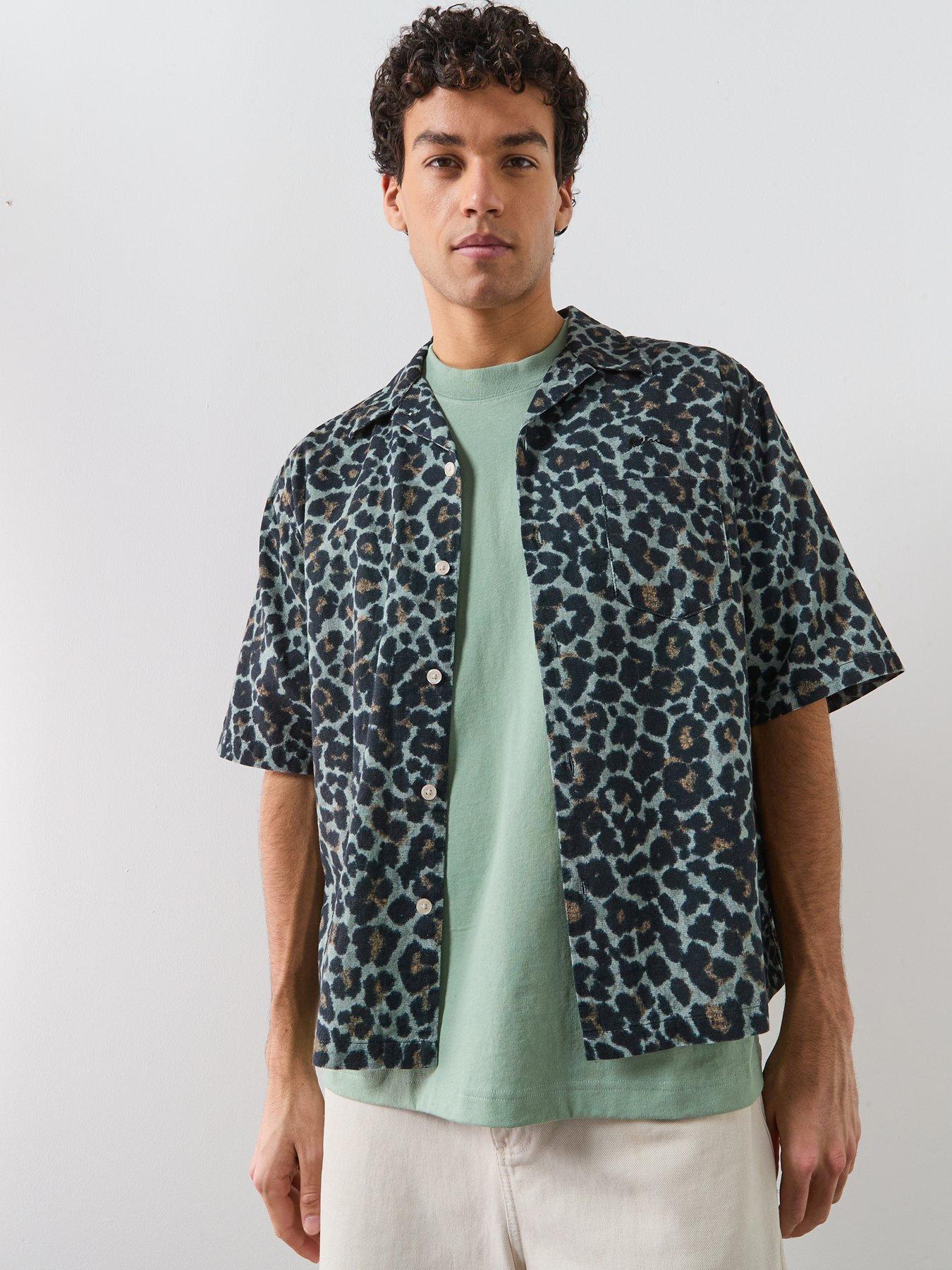 AllSaints Silesia Leo Print Short Sleeve Casual Shirt, Grey, Size M, Men