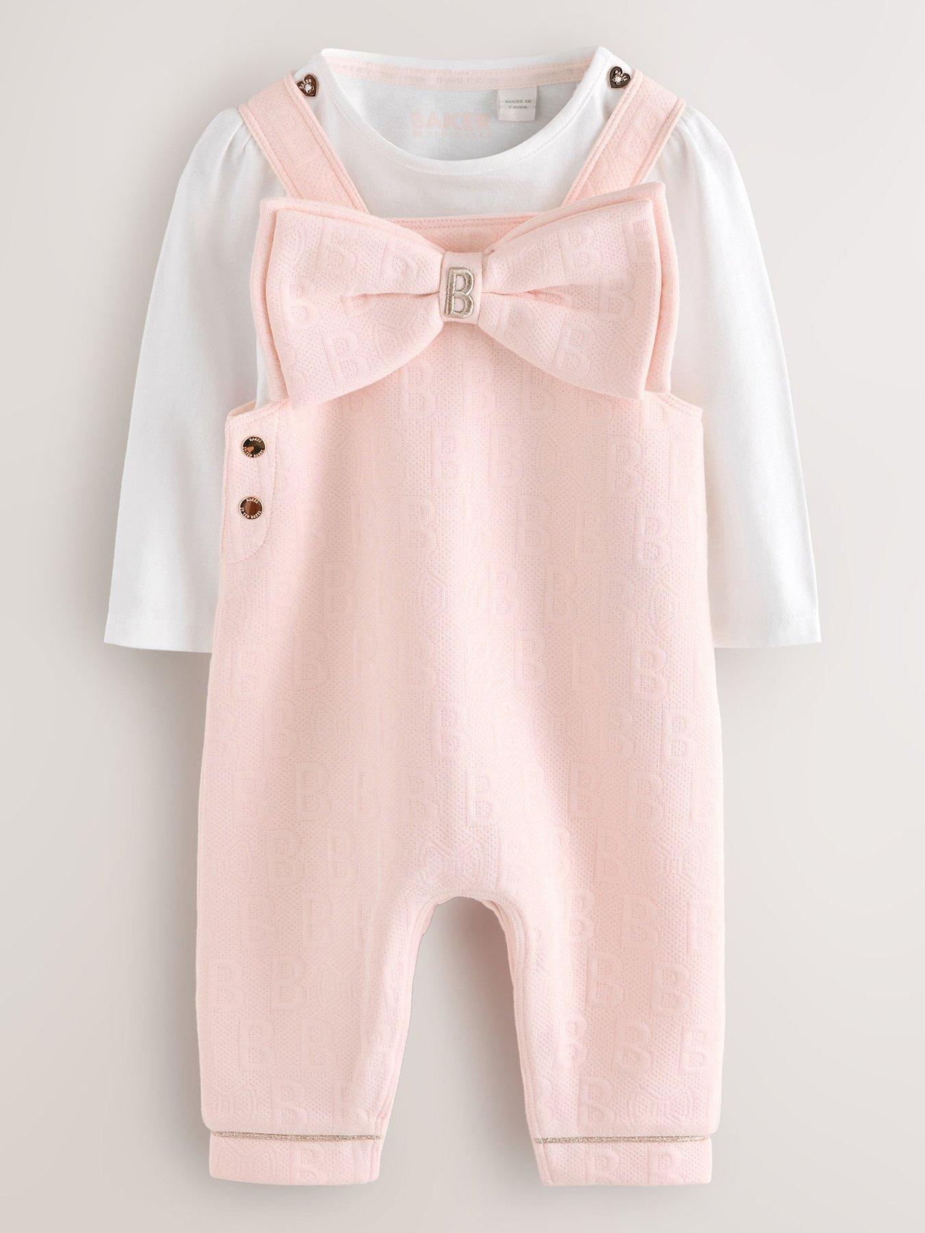 Image 2 of 7 of Ted Baker Baby Girls Logo Bow Dungarees - Pink