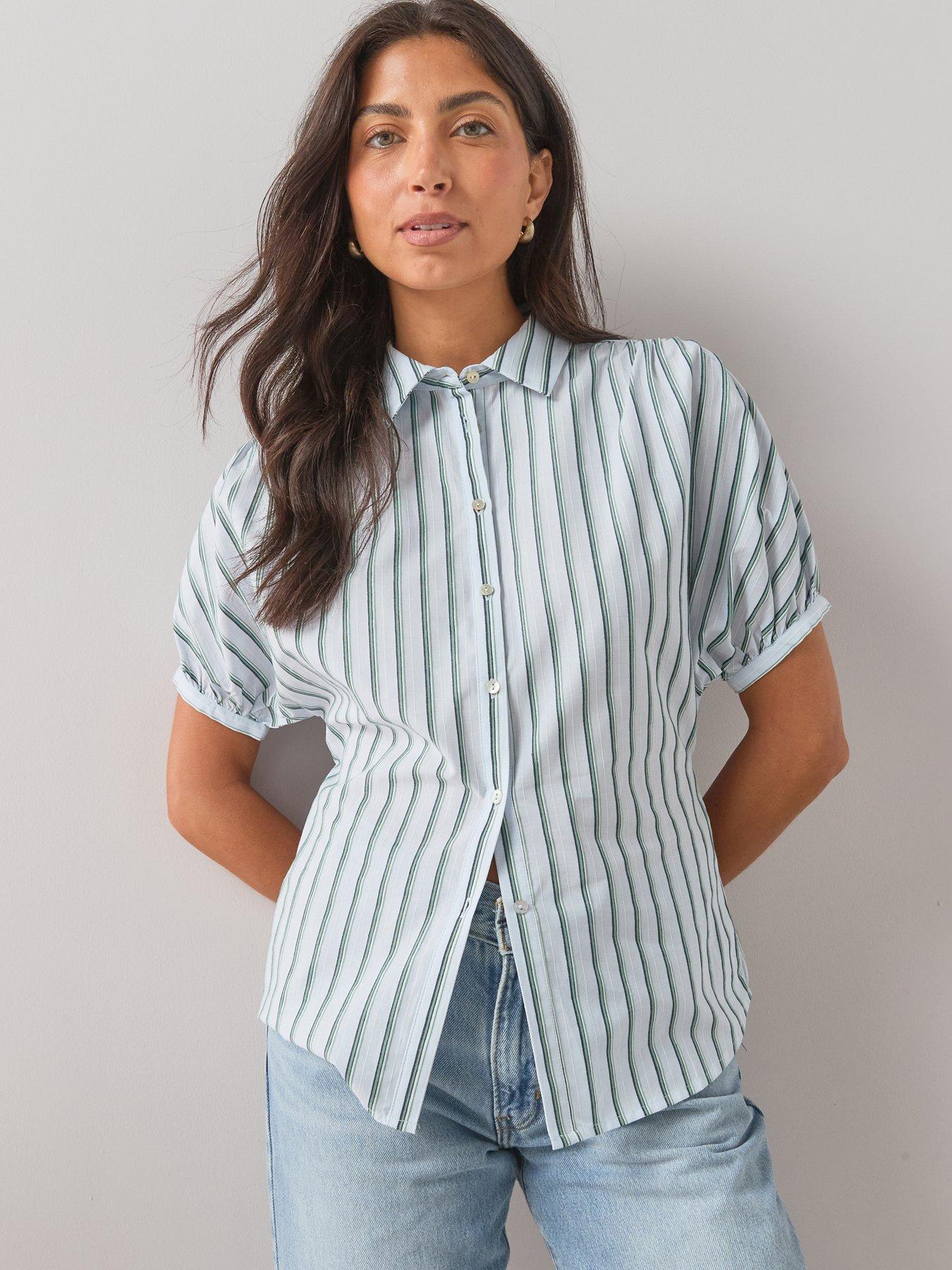 The Very Collection Stripe Button Up Short Sleeve Shirt - Blue