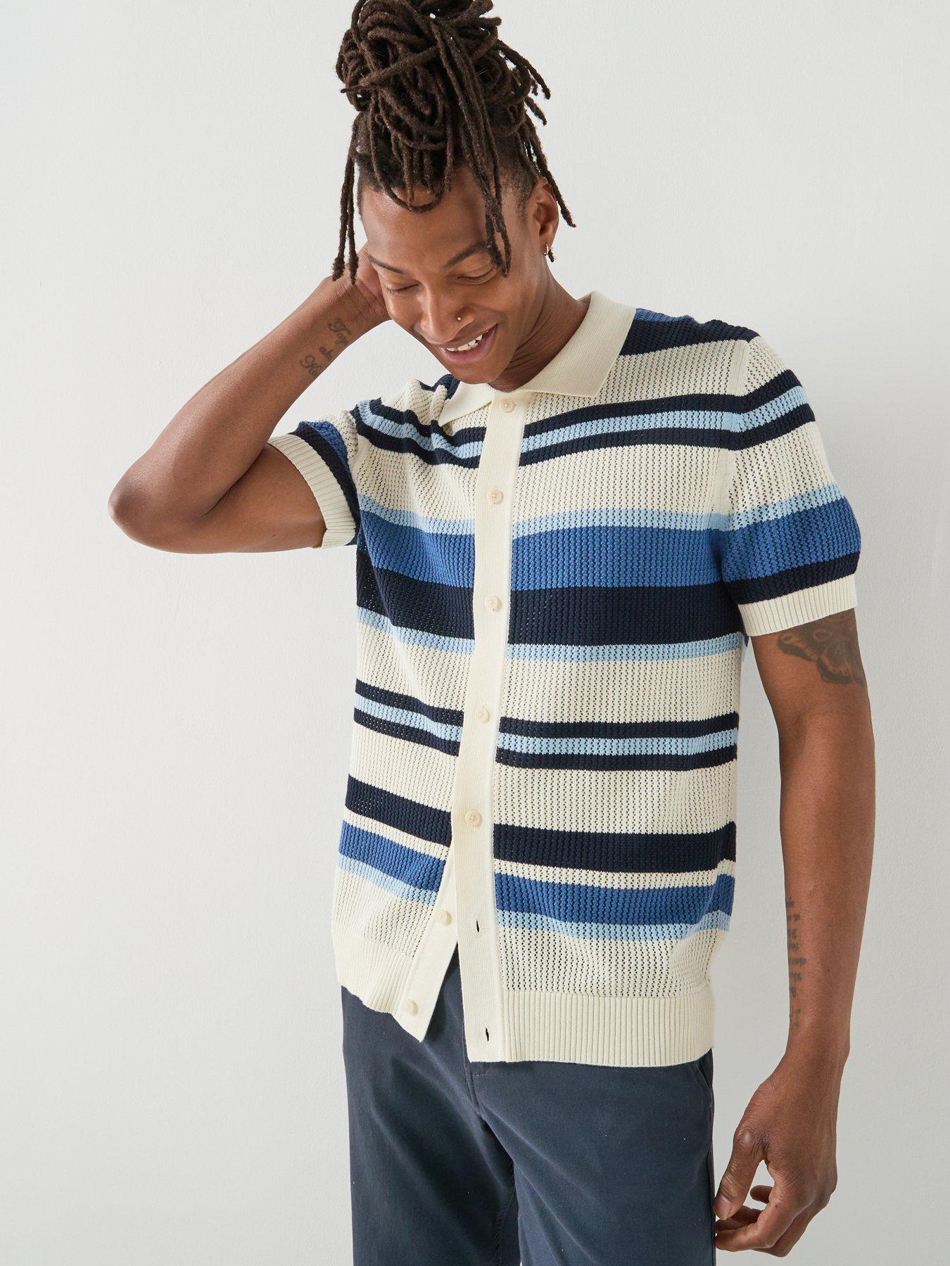 Gant Striped Texture Knitted Short Sleeve Shirt - Blue