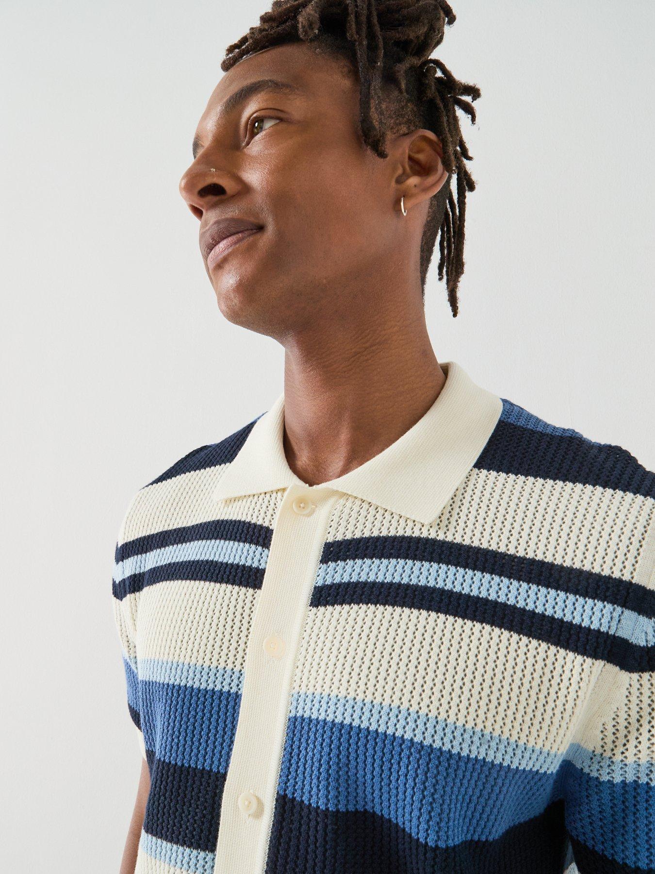 Image 5 of 6 of GANT Striped Texture Knitted Short Sleeve Shirt - Blue