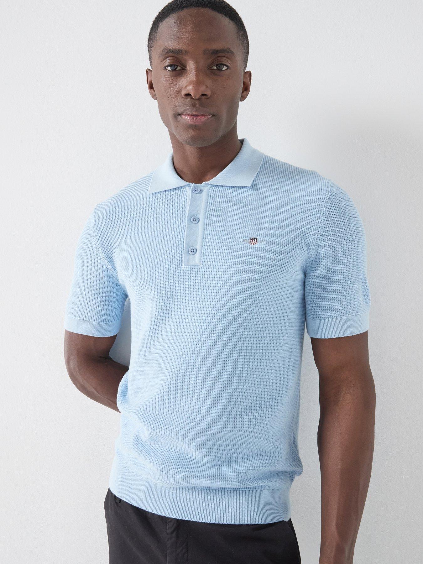Gant Micro Textured Cotton Knitted Short Sleeve Polo Shirt - Light Blue