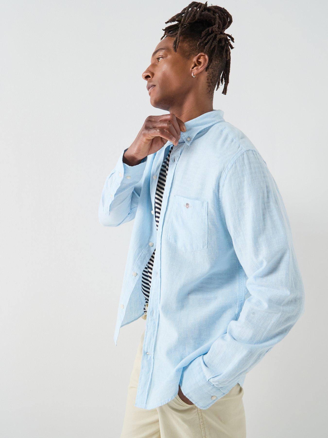 GANT Regular Fit Cotton Linen Long Sleeve Shirt, Light Blue, Size S, Men