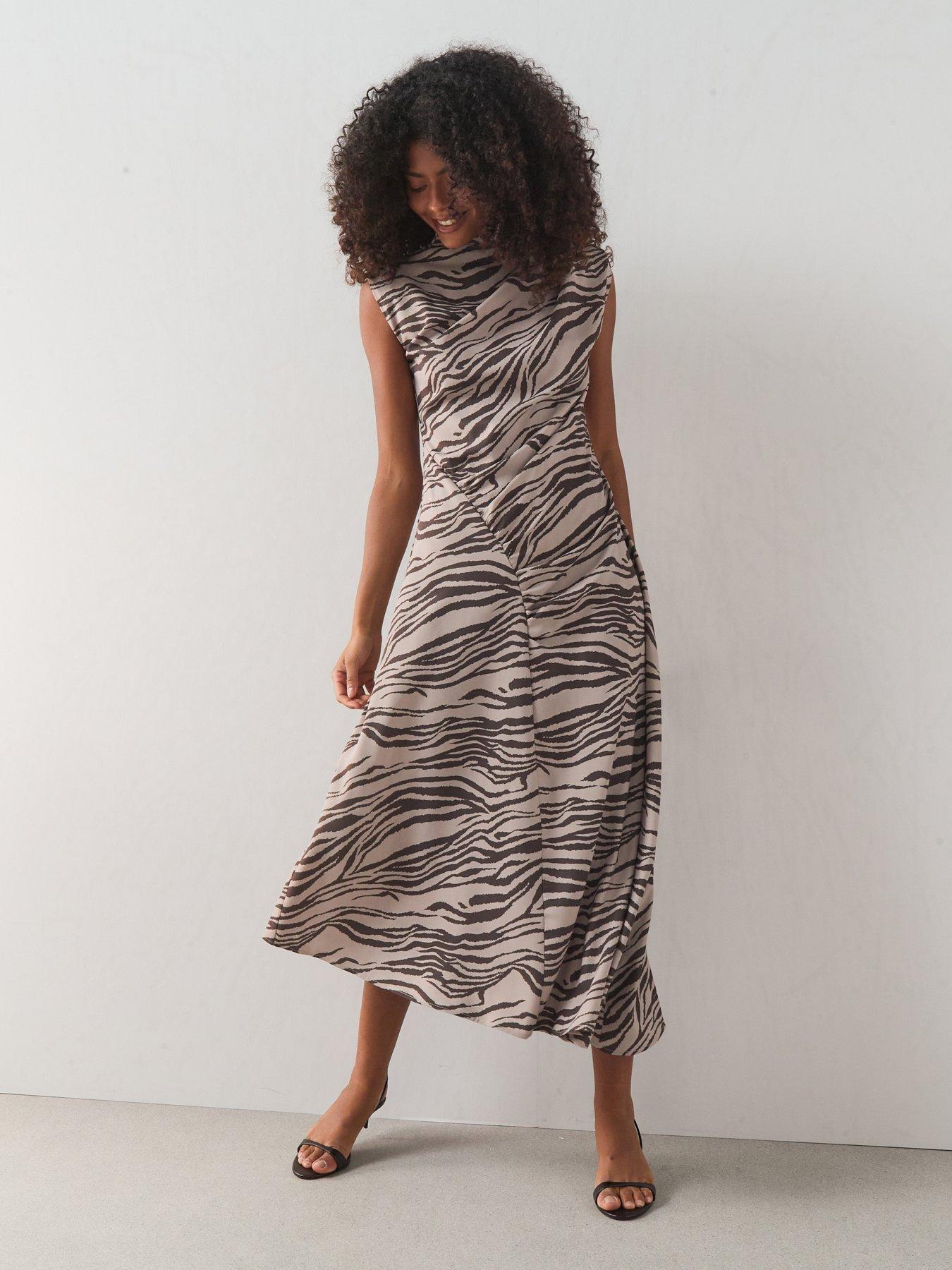 The Very Collection High Neck Draped Ruched Midi Dress - Zebra