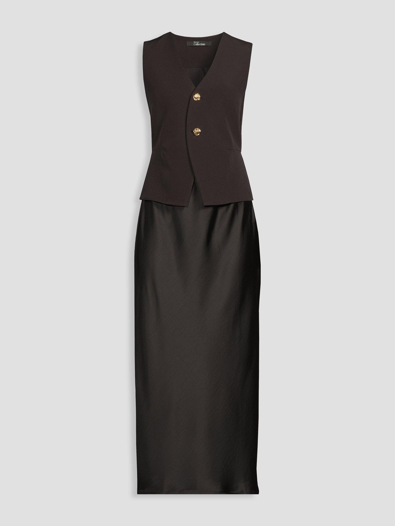 plus formal dresses near me The Very Collection Womens Waistcoat Detail Satin Midaxi Dress - Black petite cocktail attire