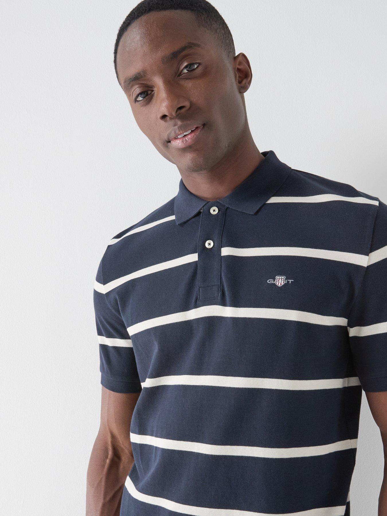 Image 4 of 5 of GANT Gant Regular Fit Shield Striped Short Sleeve Polo Shirt - Navy