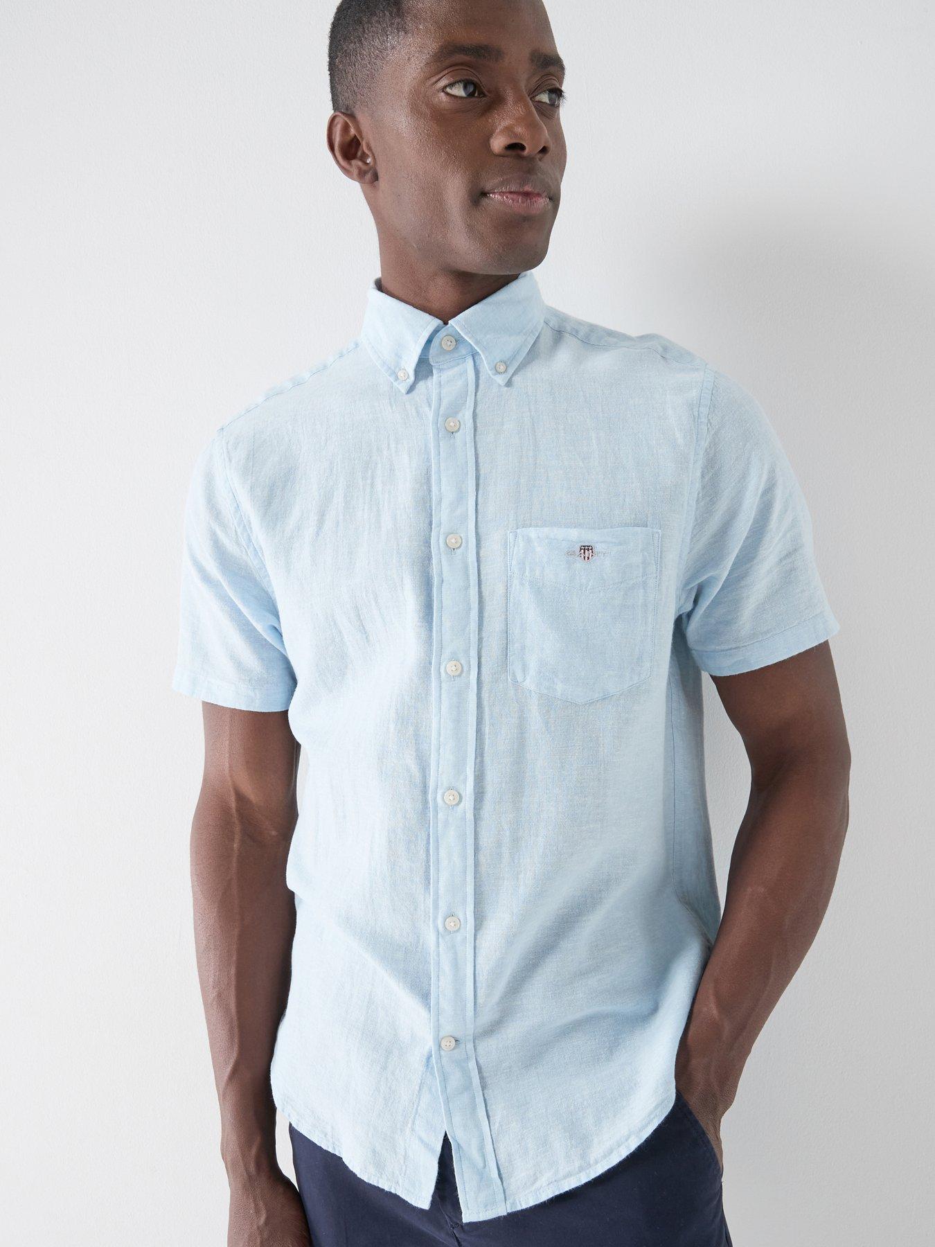 GANT: Regular Fit Cotton Linen Blend Short Sleeve Shirt - Light Blue