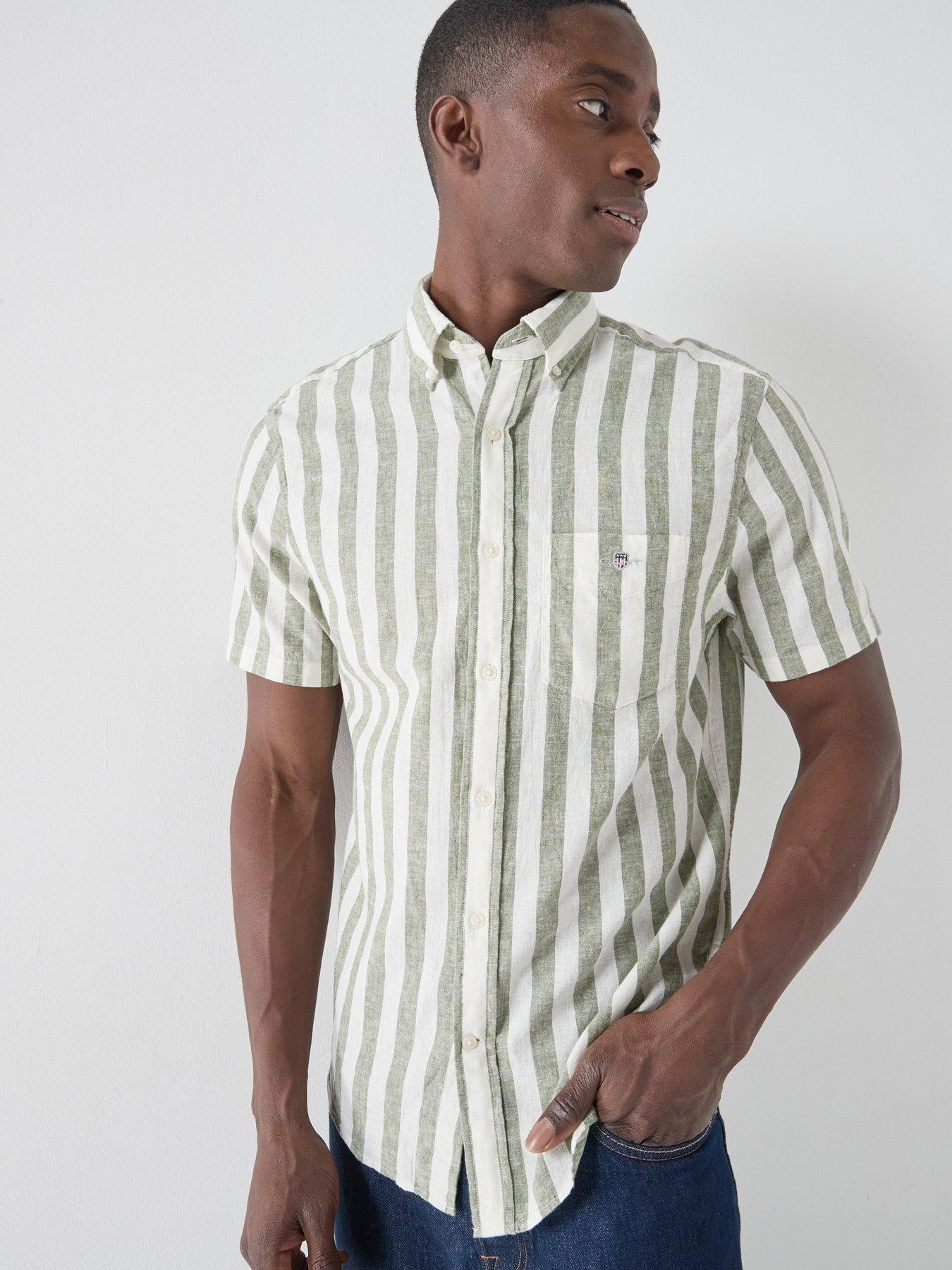 GANT: Regular Fit Cotton Linen Blend Striped Short Sleeve Shirt - Green