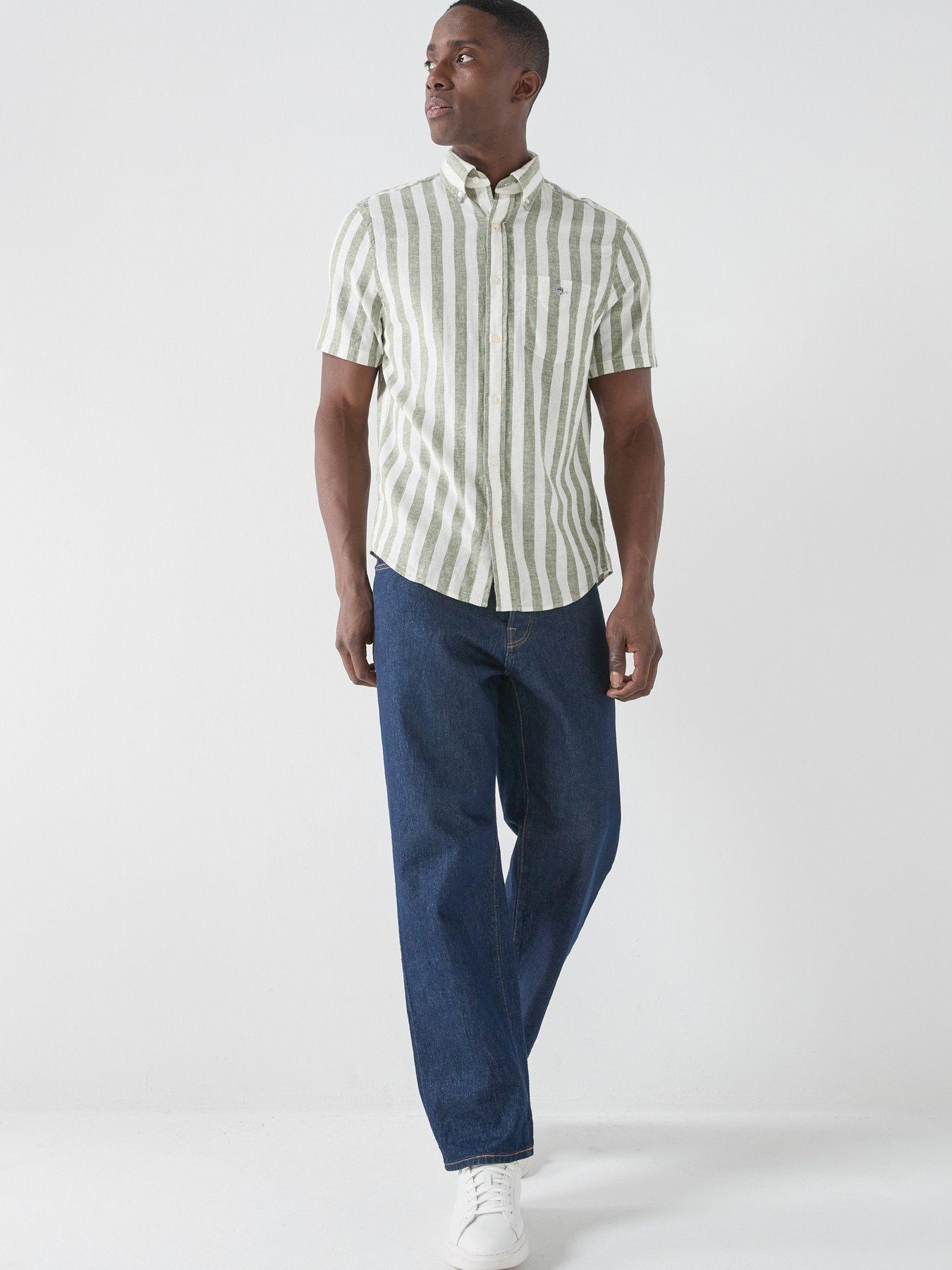 Image 3 of 4 of GANT Regular Fit Cotton Linen Blend Striped Short Sleeve Shirt - Green