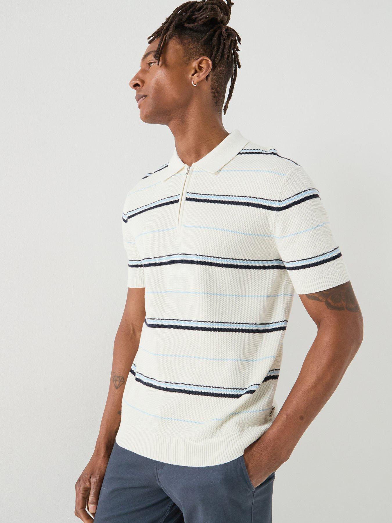 GANT Striped Textured Zip Knitted Polo Shirt, Off White, Size 2Xl, Men