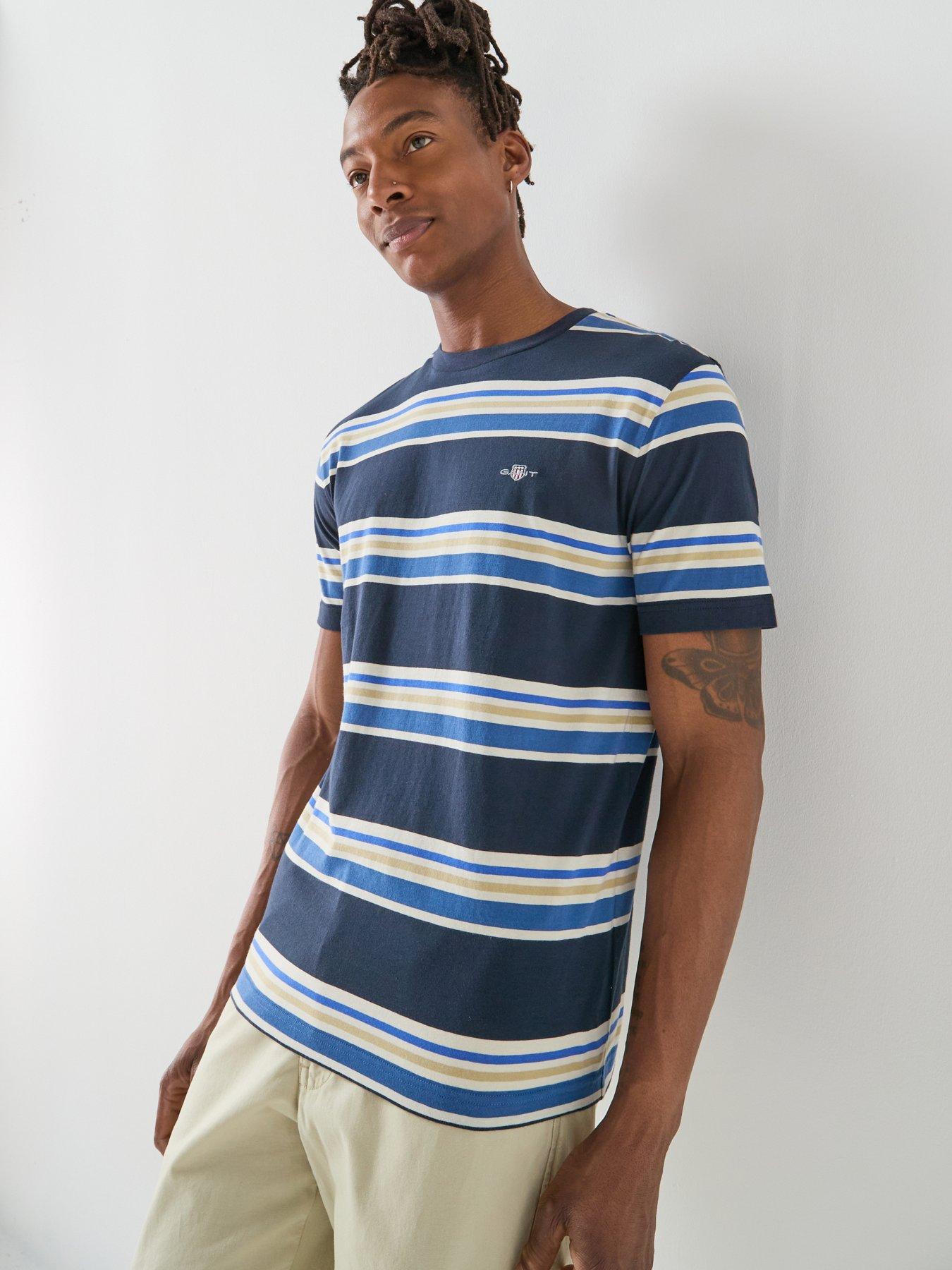 GANT Regular Fit Shield Multi Stripe T-Shirt, Navy, Size M, Men
