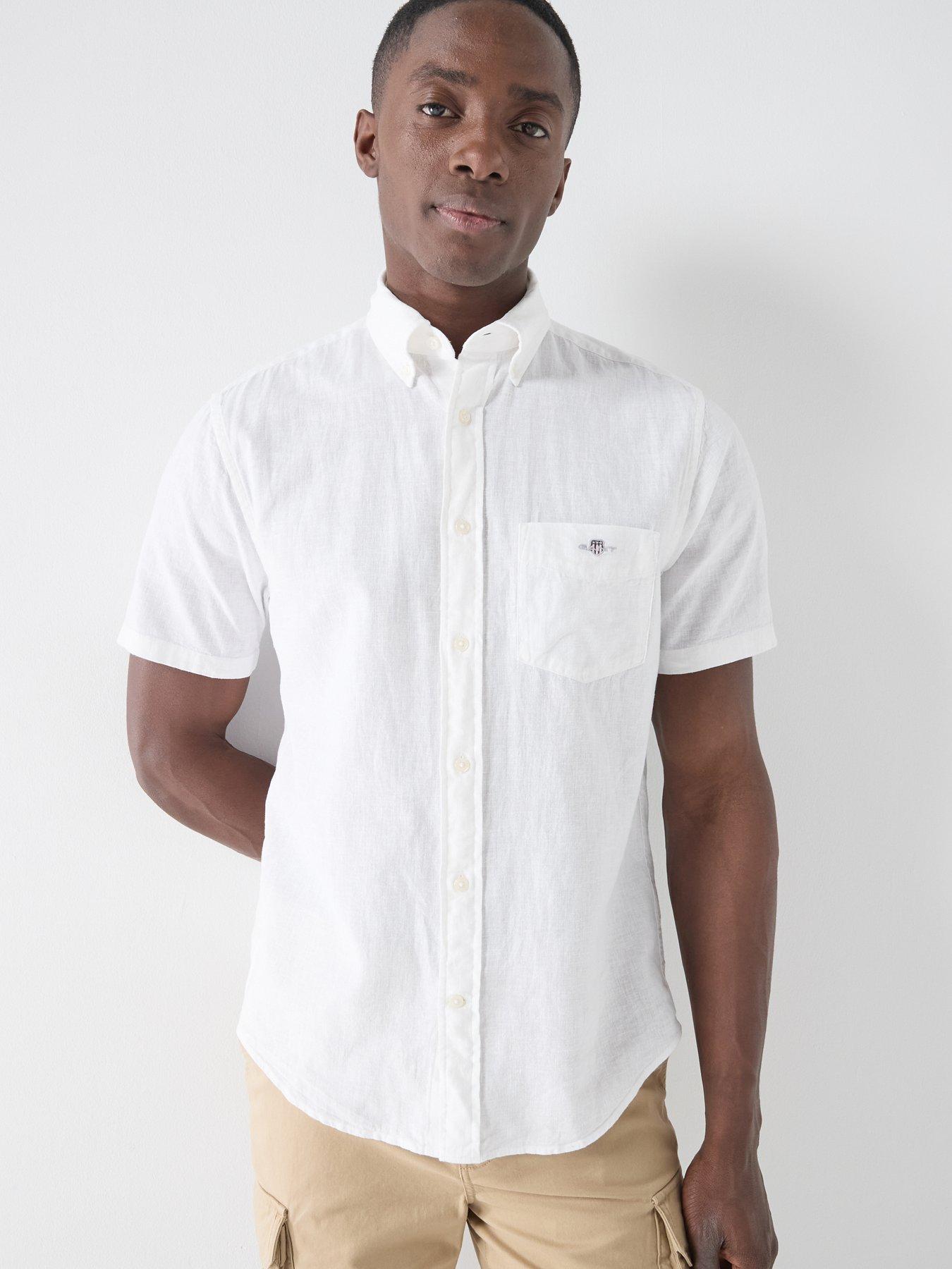 Image 1 of 5 of GANT Regular Fit Cotton Linen Blend Short Sleeve Shirt - White