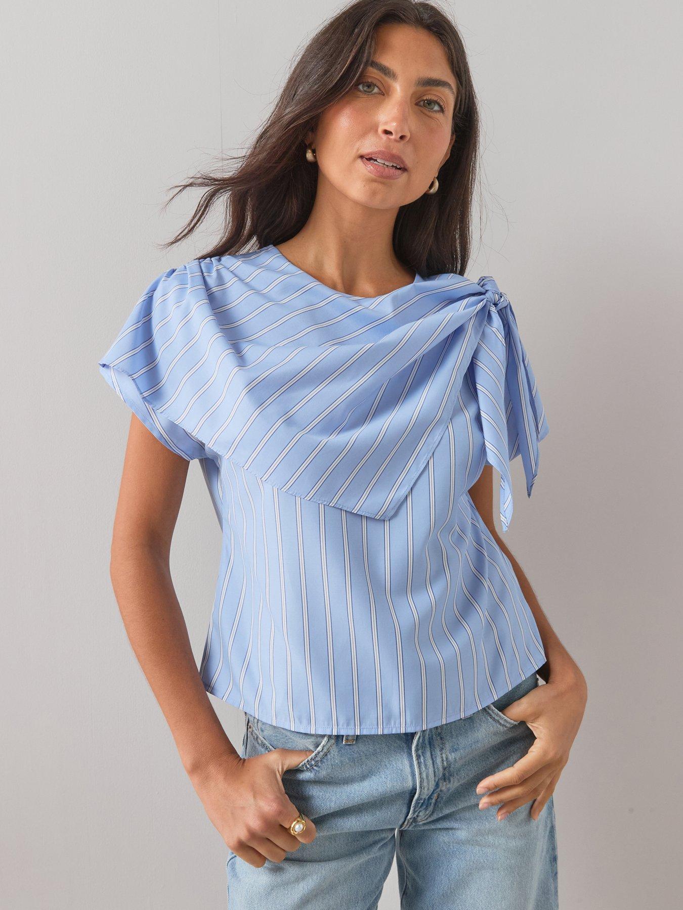 Image 1 of 7 of The Very Collection Striped Scarf Detail Blouse - Blue