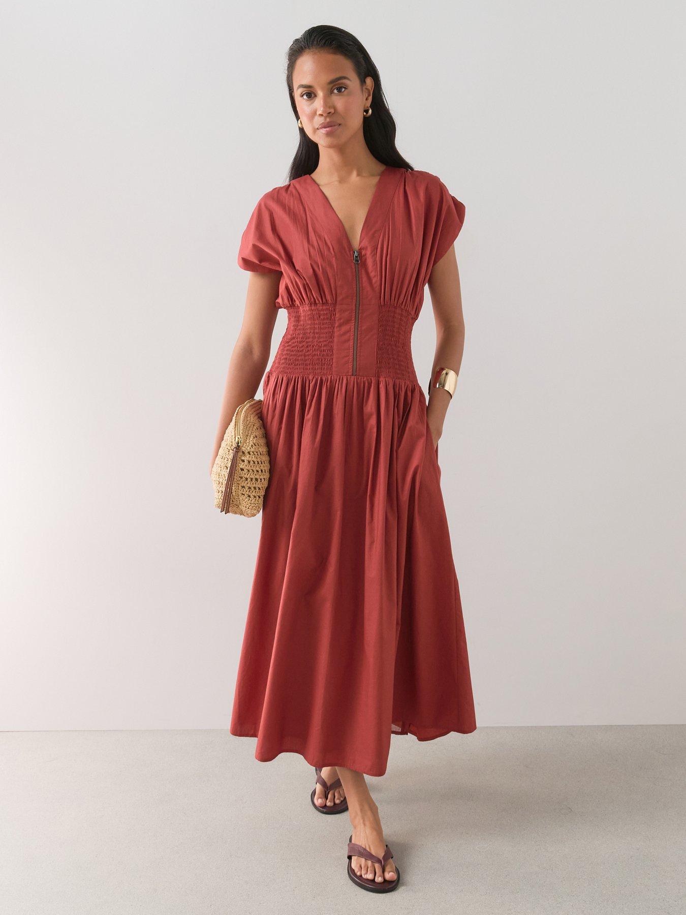 The Very Collection Zip Up Shirred Waist Midaxi Dress - Brown