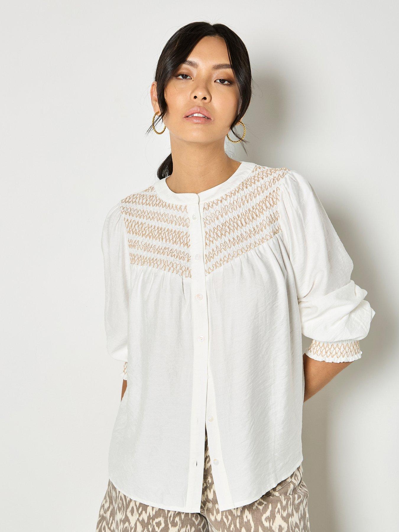 Apricot Wavy Embroidered Smocked Blouse, White, Size Xs, Women