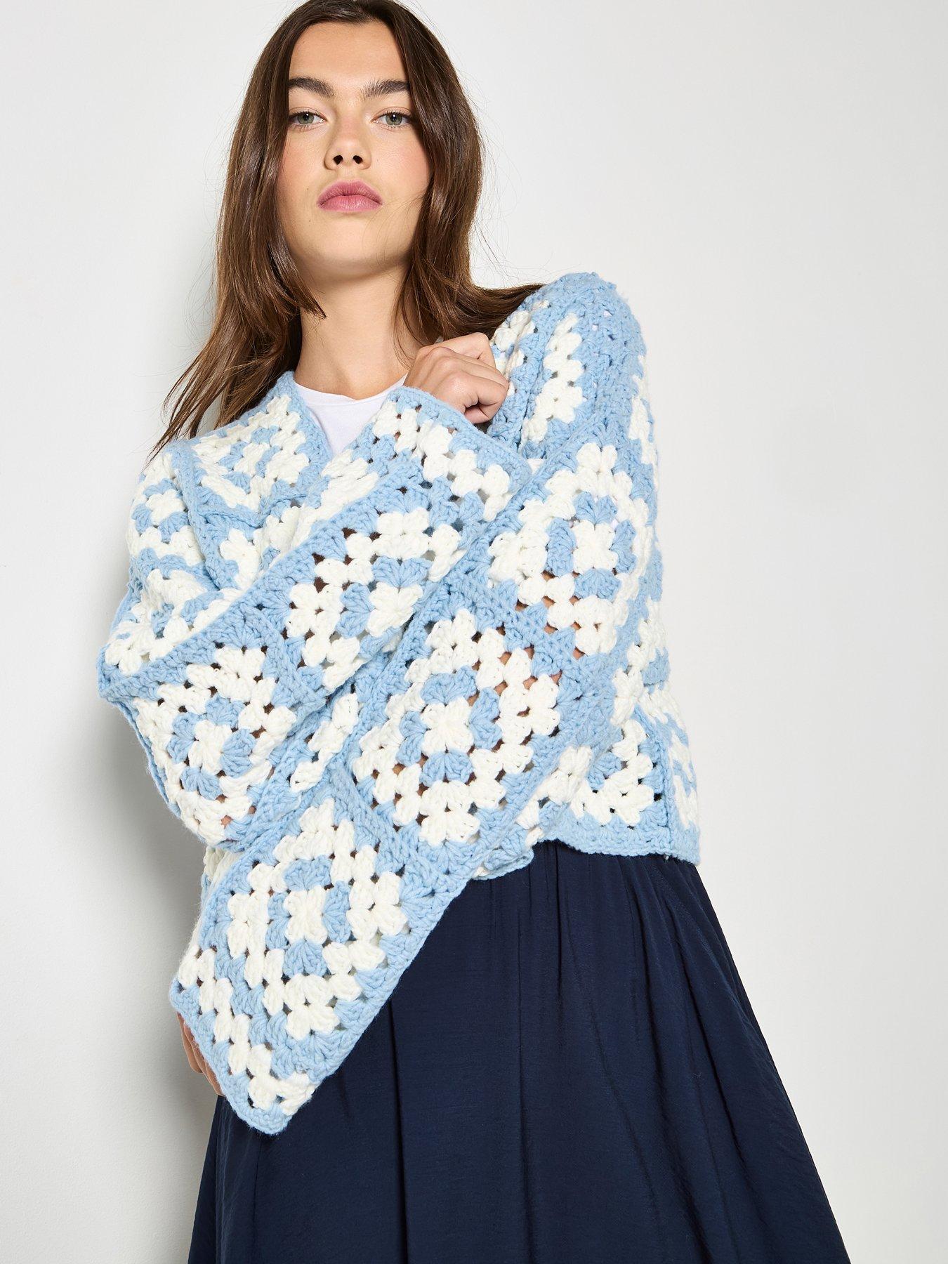 Apricot Hand-Knit Crochet Squares Cardigan