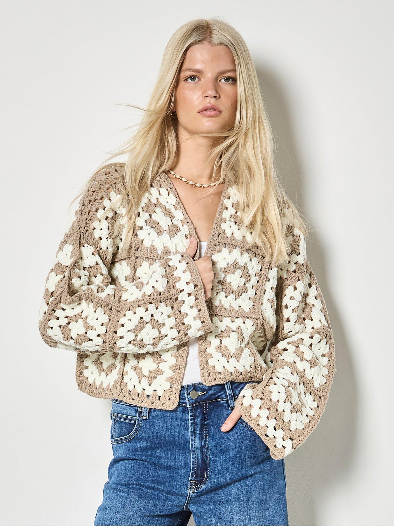 Apricot Hand-knit Crochet Squares Cardigan