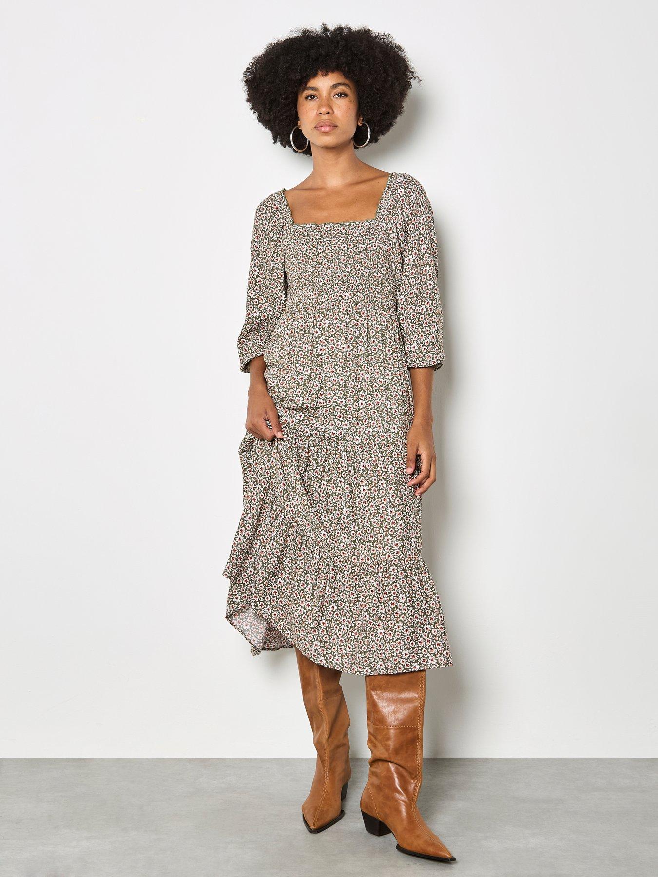 Apricot Ditsy Floral Smocked Midi Dress