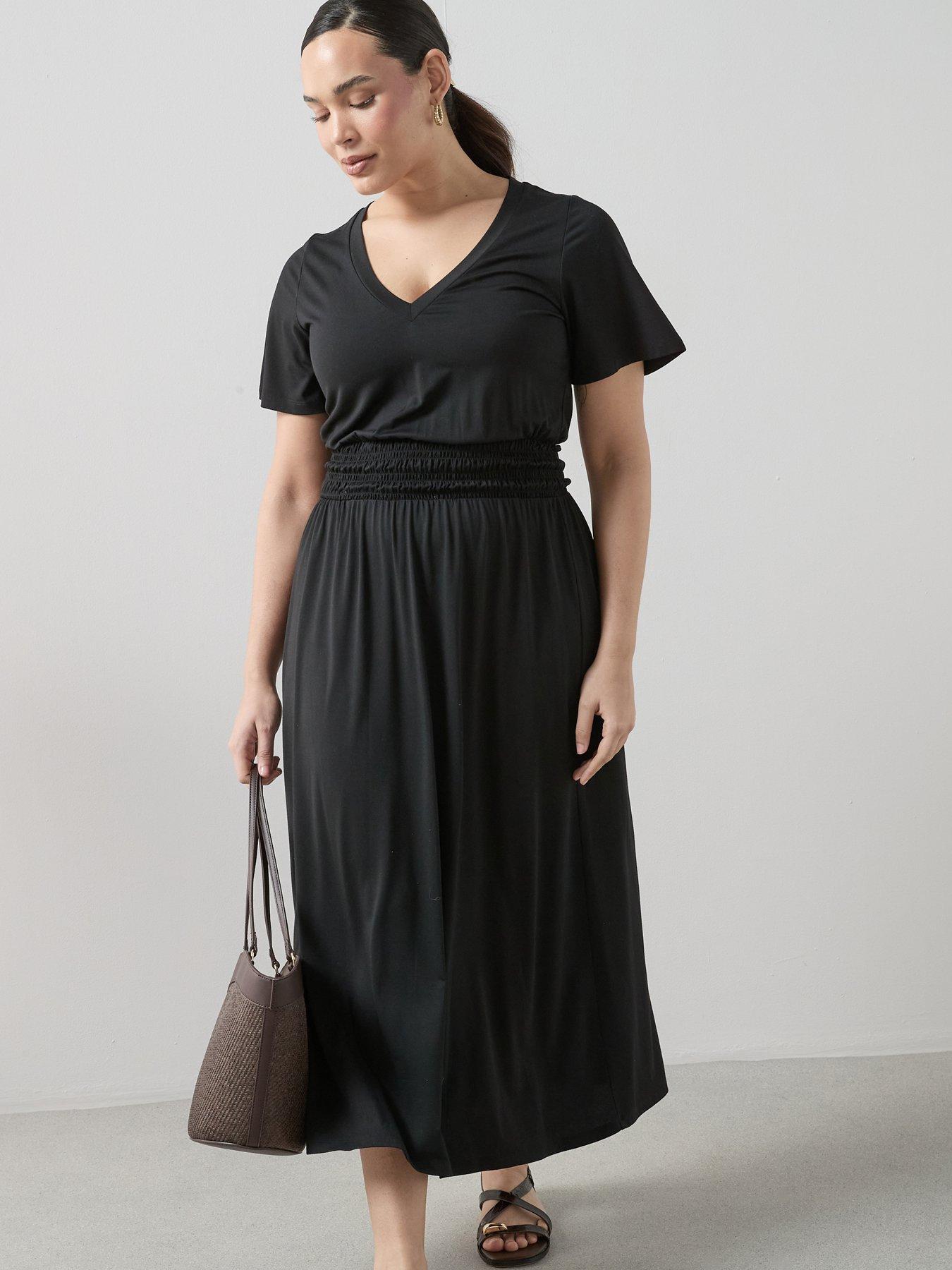 Image 1 of 6 of The Very Collection Curve Shirred Waist Stretch Short Sleeve Midi Dress - Black