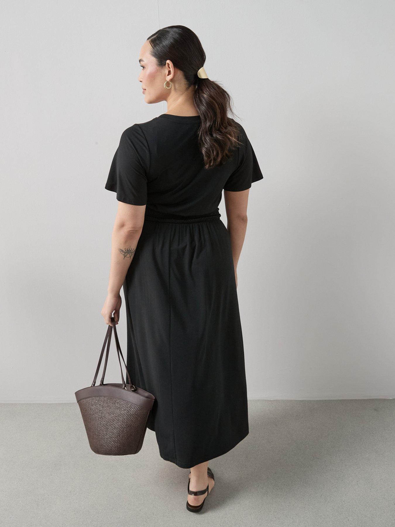 Image 2 of 6 of The Very Collection Curve Shirred Waist Stretch Short Sleeve Midi Dress - Black