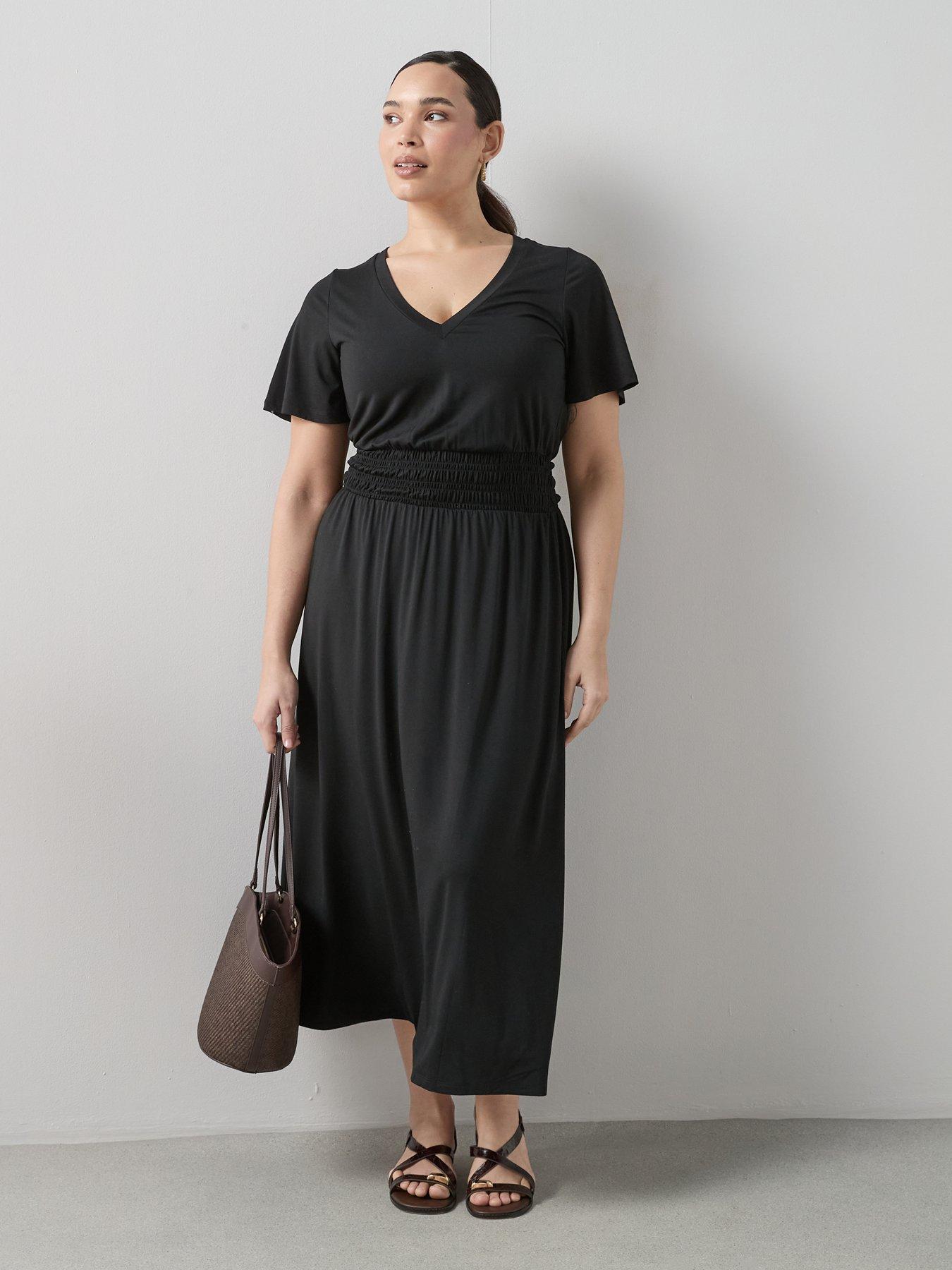 Image 3 of 6 of The Very Collection Curve Shirred Waist Stretch Short Sleeve Midi Dress - Black
