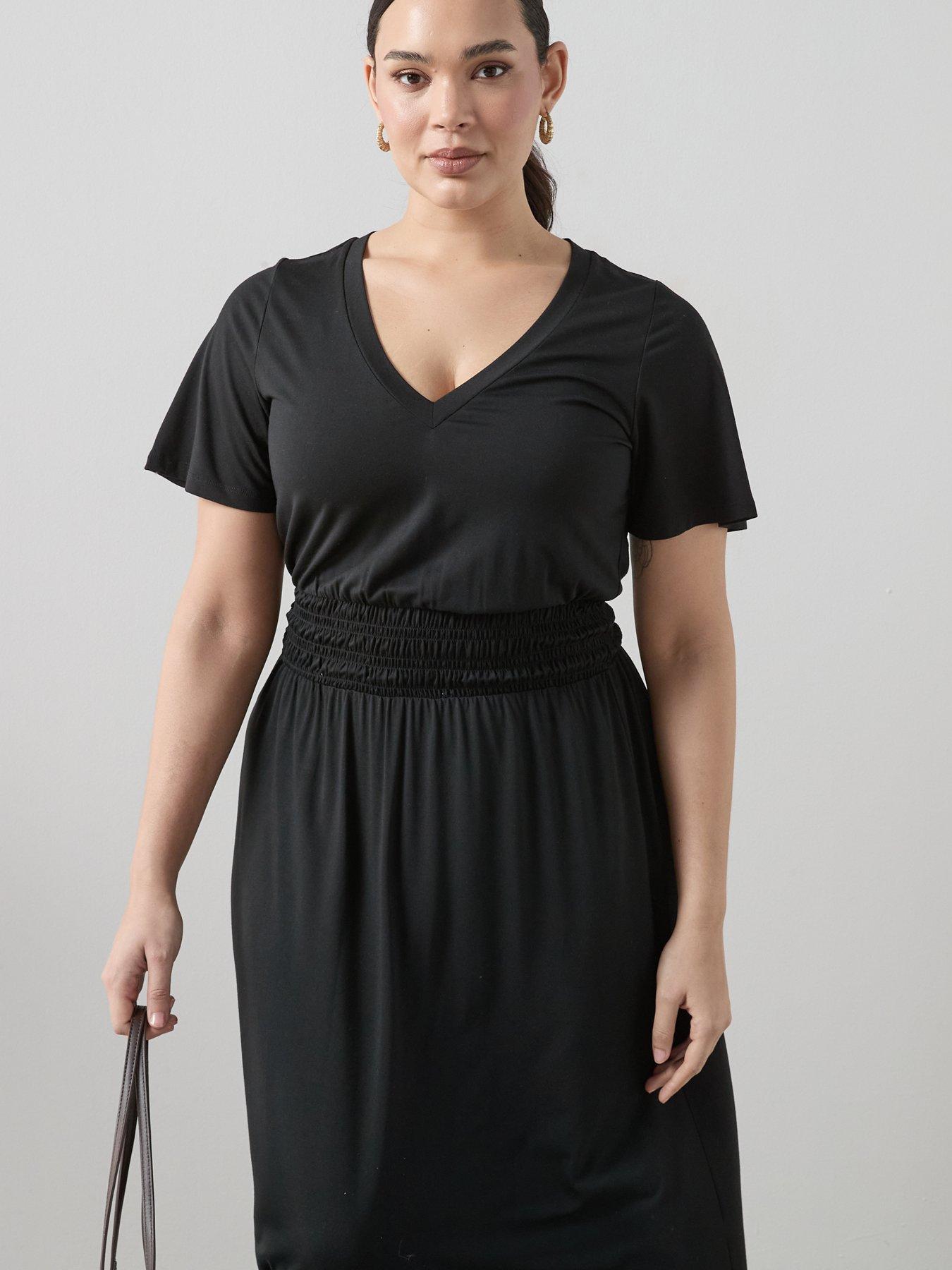 Image 5 of 6 of The Very Collection Curve Shirred Waist Stretch Short Sleeve Midi Dress - Black