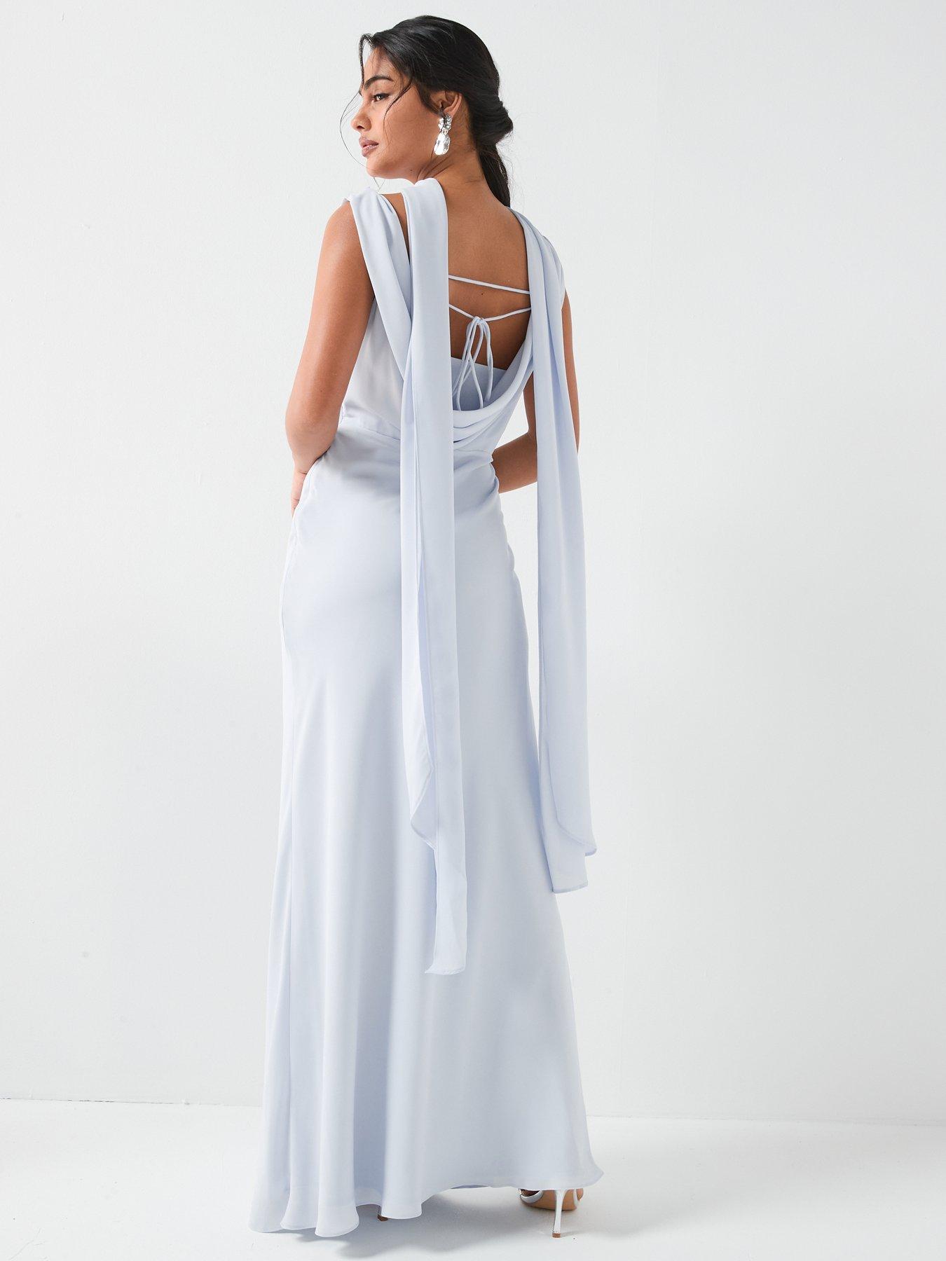 Six Stories Plunge Cowl Front Crepe Bridesmaid Dress With Neck Scarf - Blue  | Very