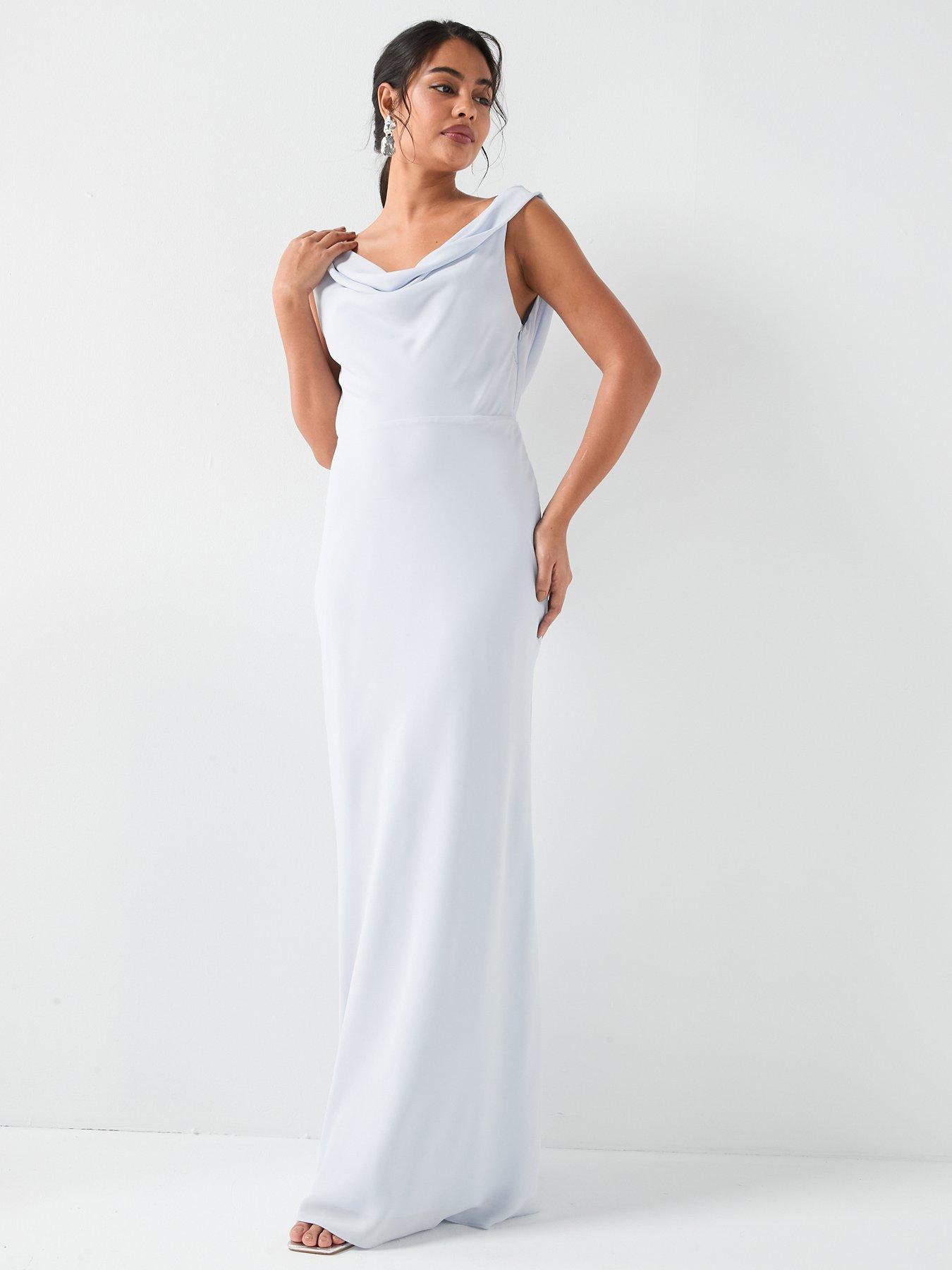 Six Stories Plunge Cowl Front Crepe Bridesmaid Dress With Neck Scarf - Blue  | Very