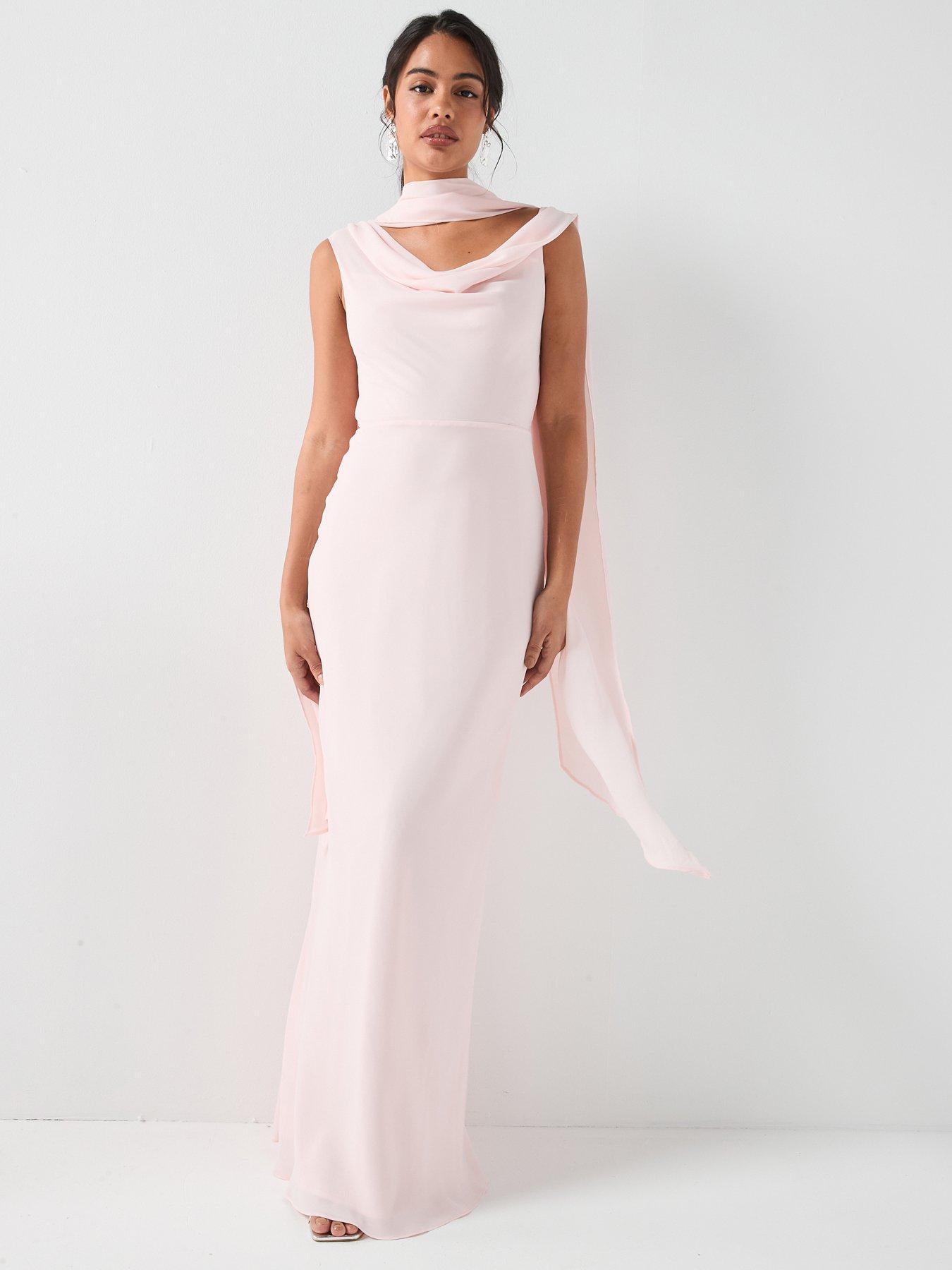 Six Stories Plunge Cowl Front Crepe Bridesmaid Dress With Neck Scarf - Pink