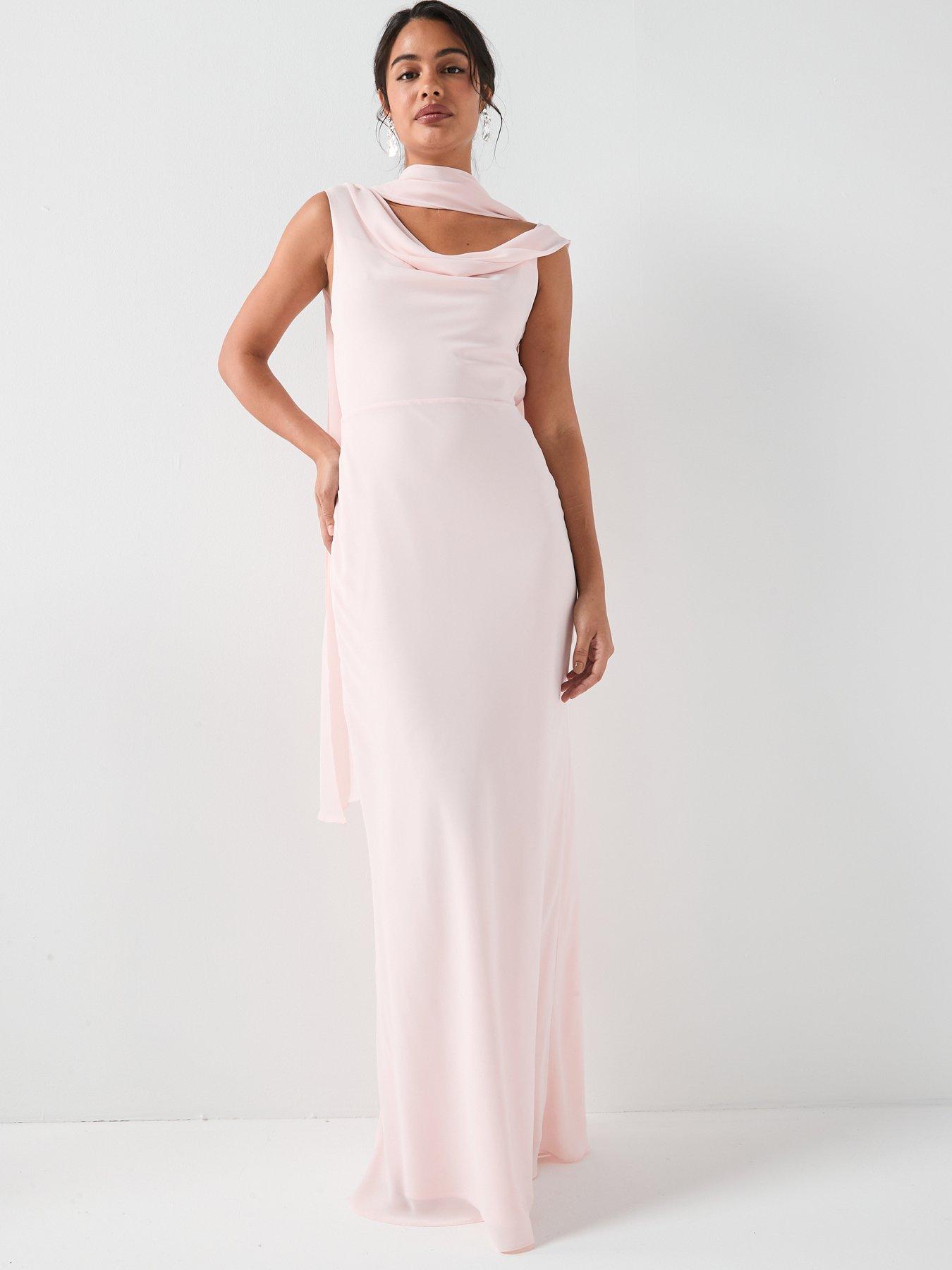 Six Stories Plunge Cowl Front Crepe Bridesmaid Dress With Neck Scarf - Pink  | Very