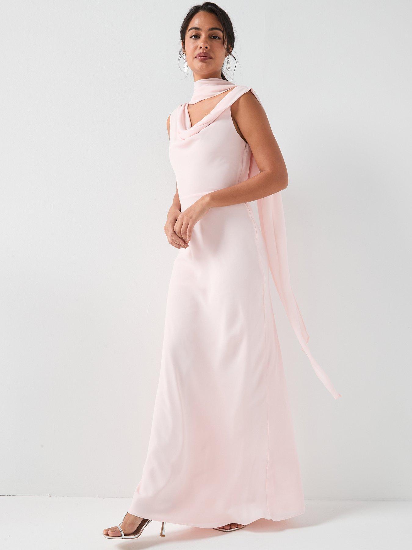 Six Stories Plunge Cowl Front Crepe Bridesmaid Dress With Neck Scarf - Pink  | Very