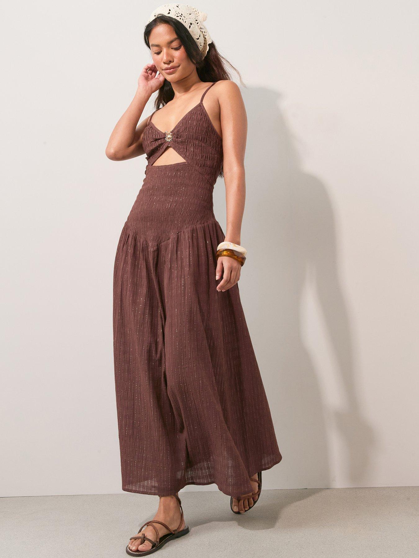 Image 1 of 6 of The Very Collection Trim Lurex Beach Dress - Brown