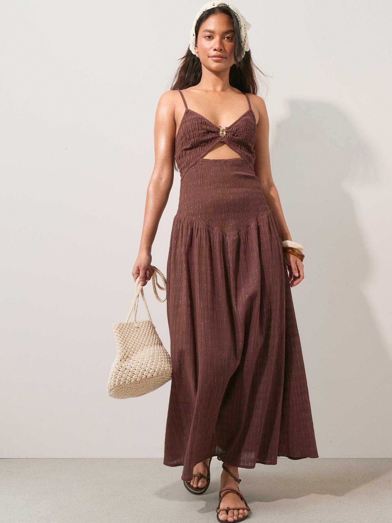 Image 3 of 6 of The Very Collection Trim Lurex Beach Dress - Brown