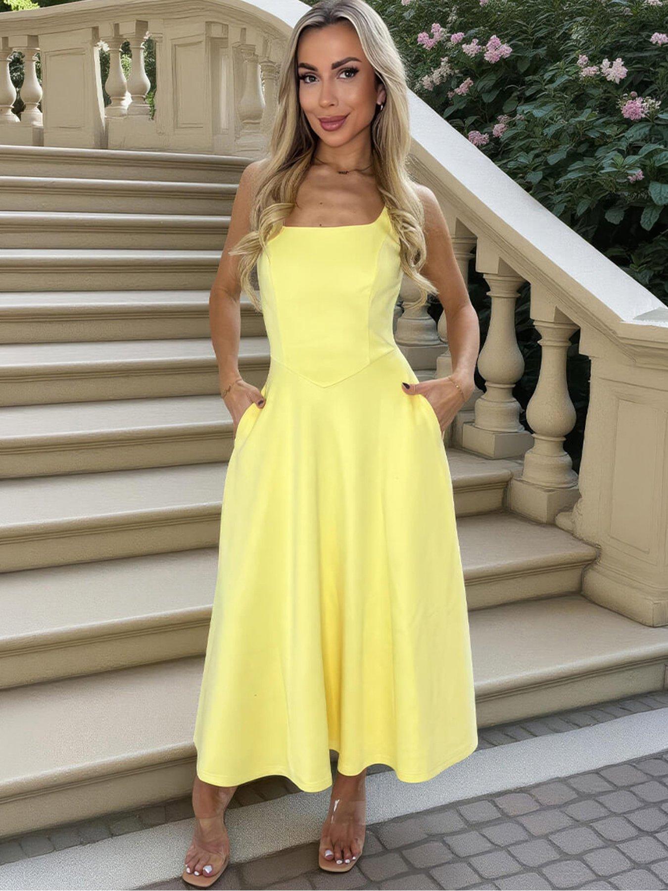 AX Paris Square Neck A-Line Midi Dress - Yellow