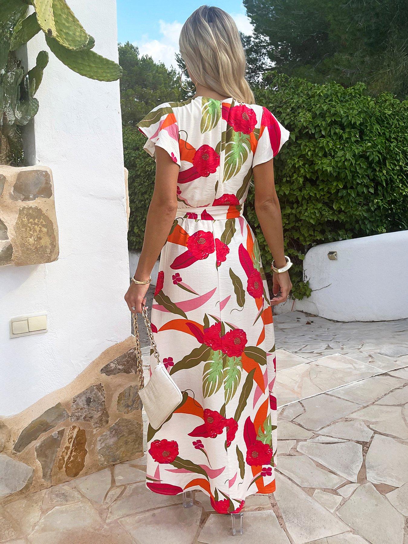 Image 2 of 4 of AX Paris Floral Print Wrap Top Belted Midi Dress - Multi