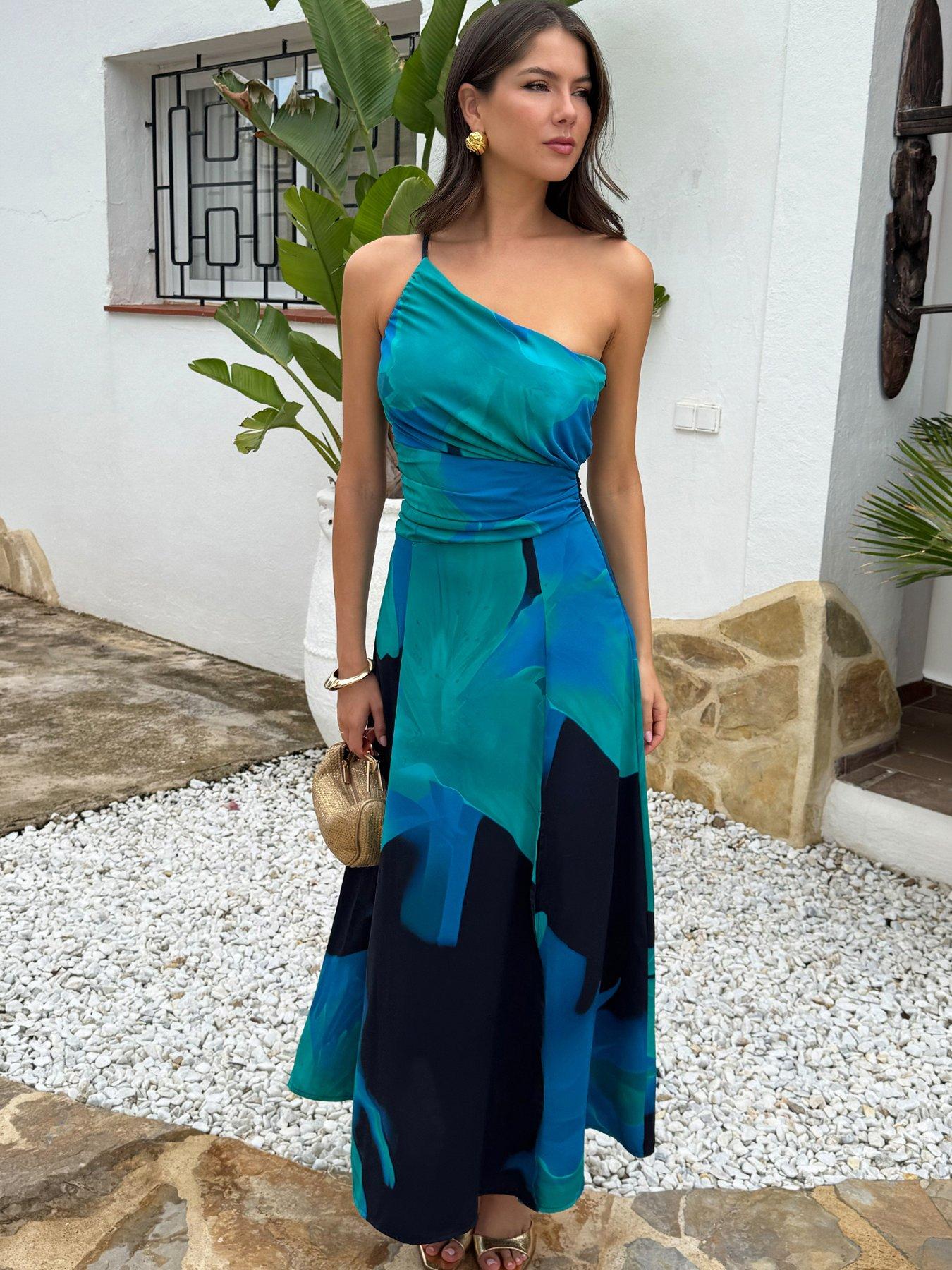 Image 3 of 4 of AX Paris Bold Floral Print One Shoulder Ruched Waist Midi Dress - Navy