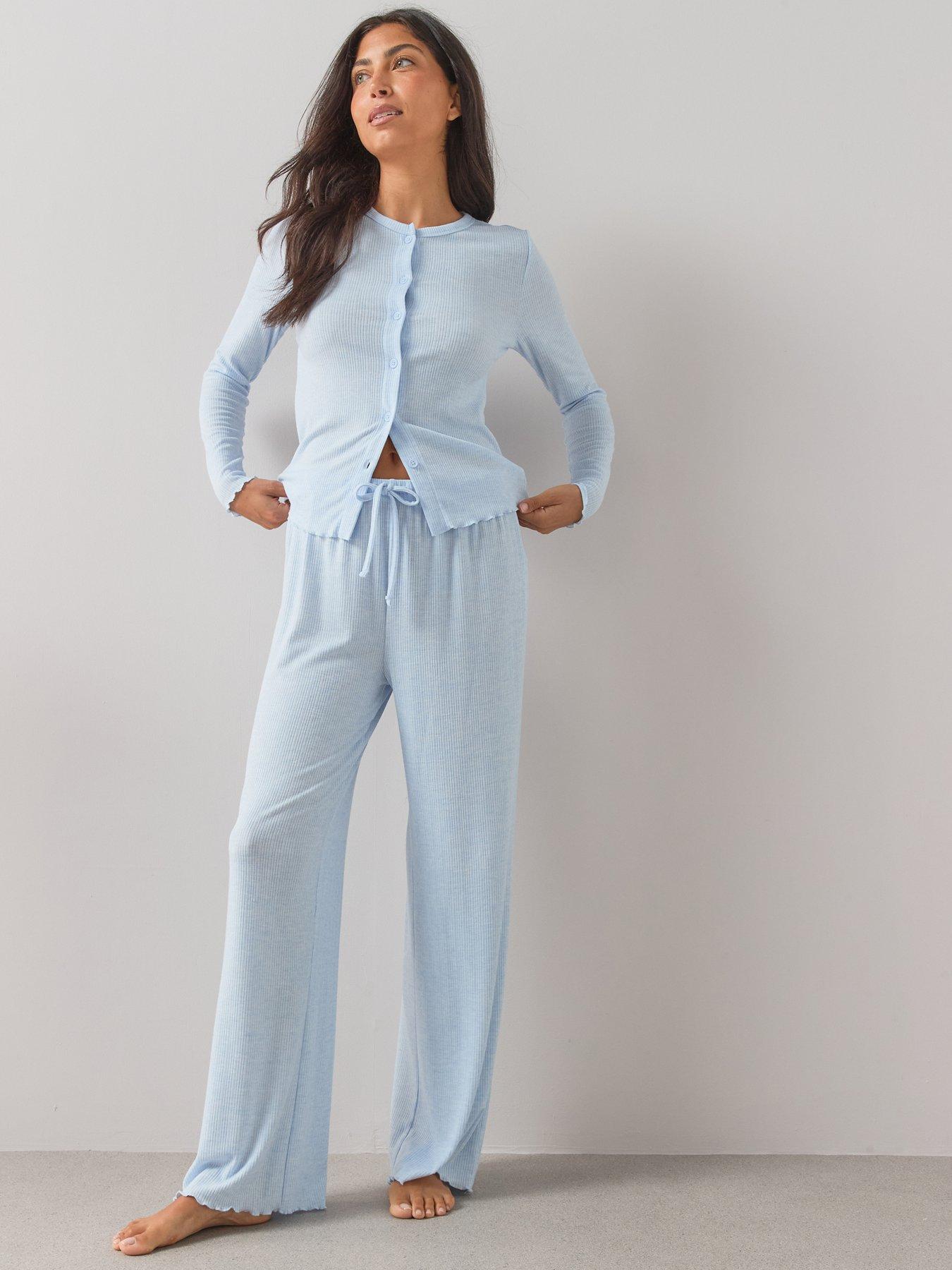 The Very Collection Marl Button Up Top And Wide Leg Pyjama Set - Blue