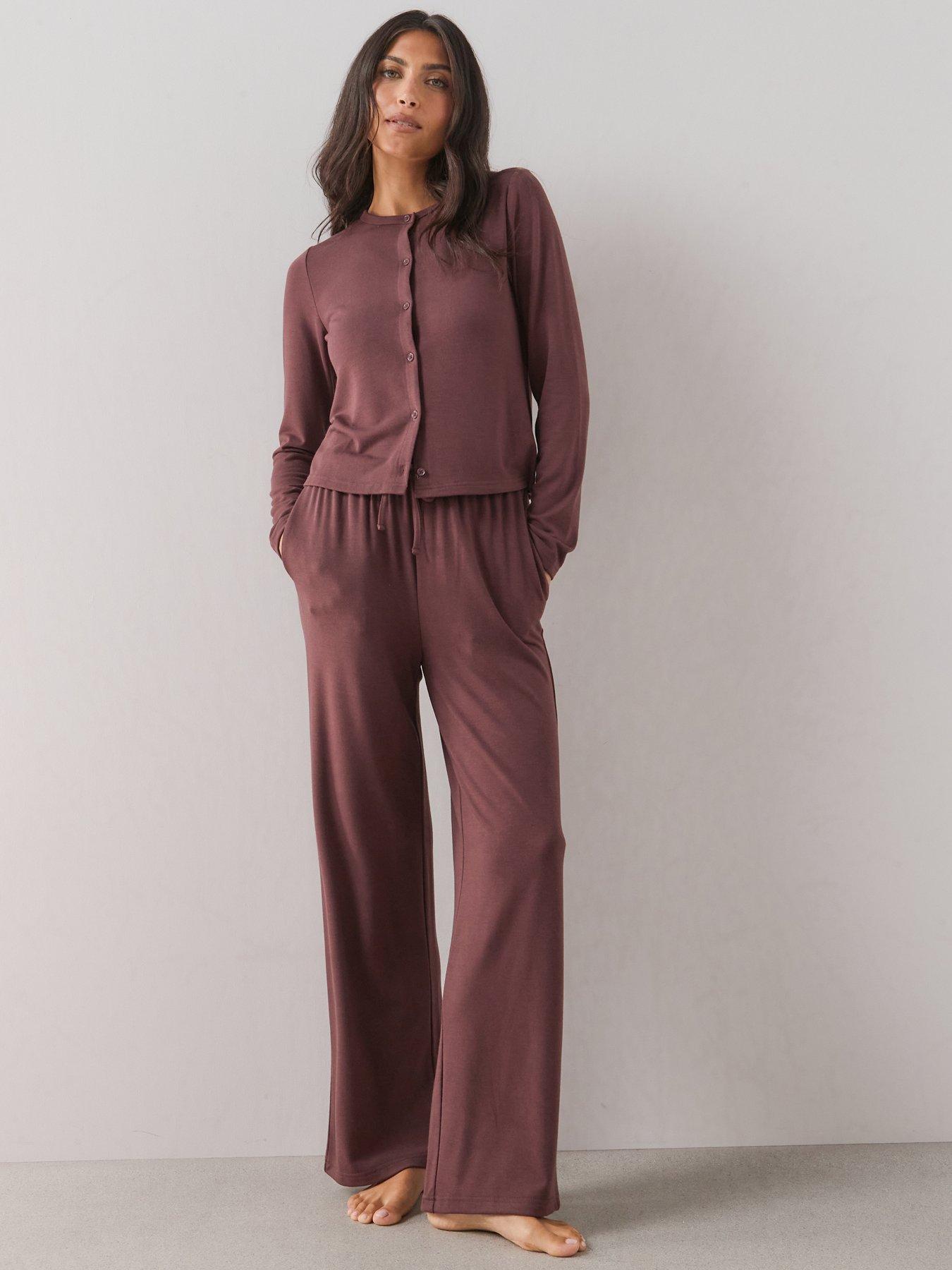 The Very Collection Long Sleeve Button Through Top And Wide Leg Loungewear Set - Brown