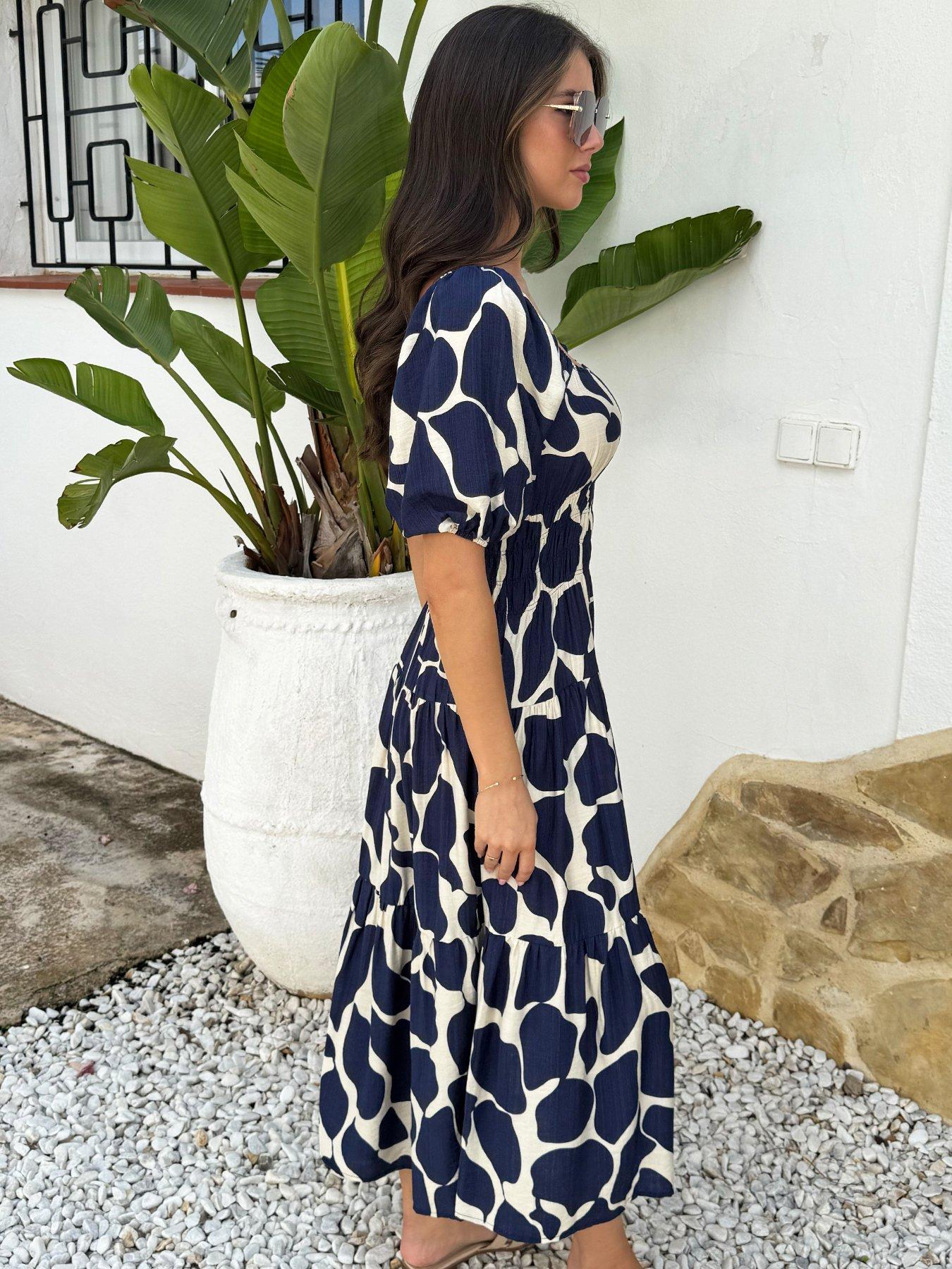 AX Paris Abstract Print Puff Sleeve Smock Midi Dress - Navy | Very