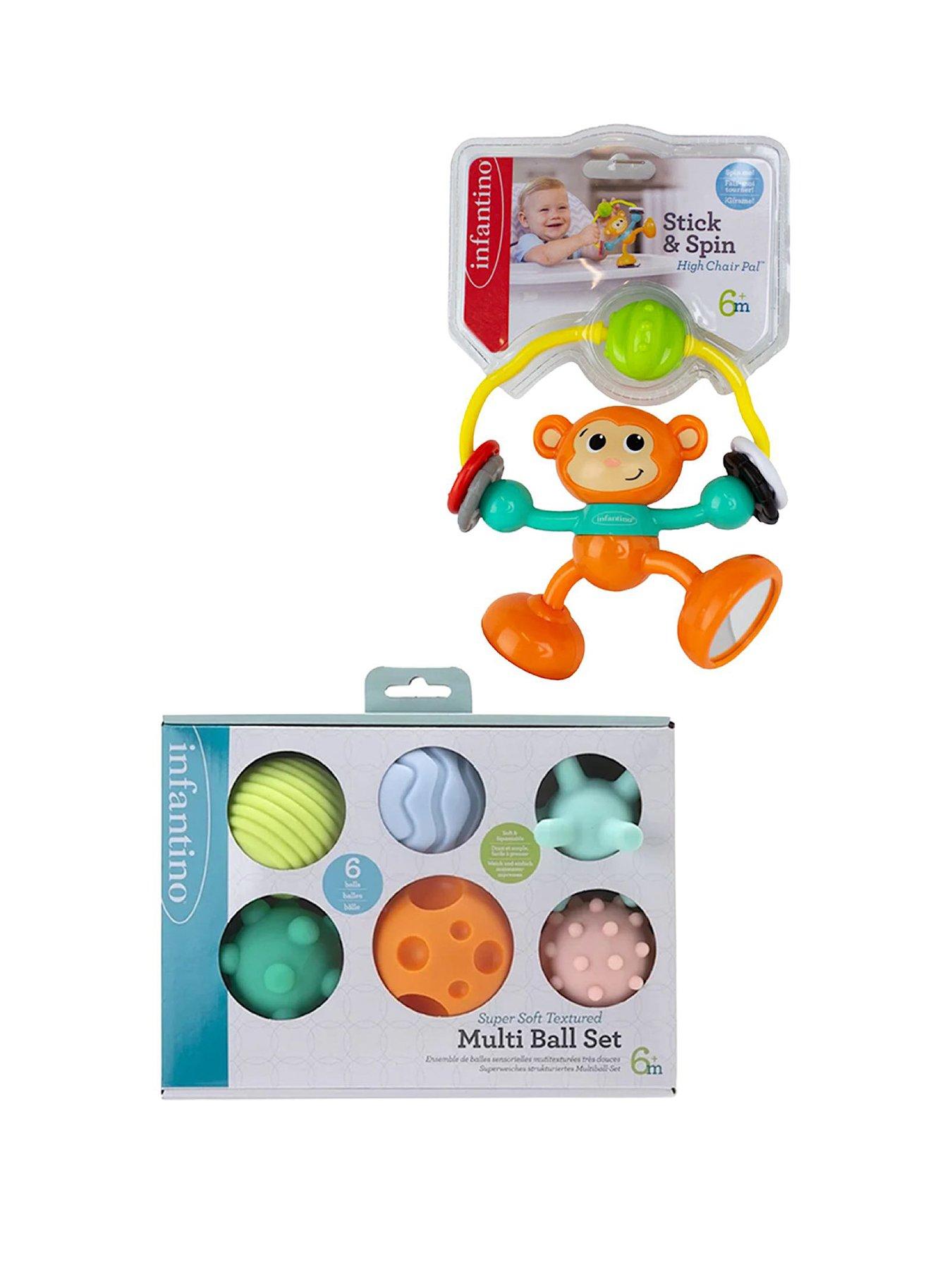 Infantino Stick & Spin Highchair Pal Monkey and Supersoft Sensory Textured Multi Balls Bundle Set
