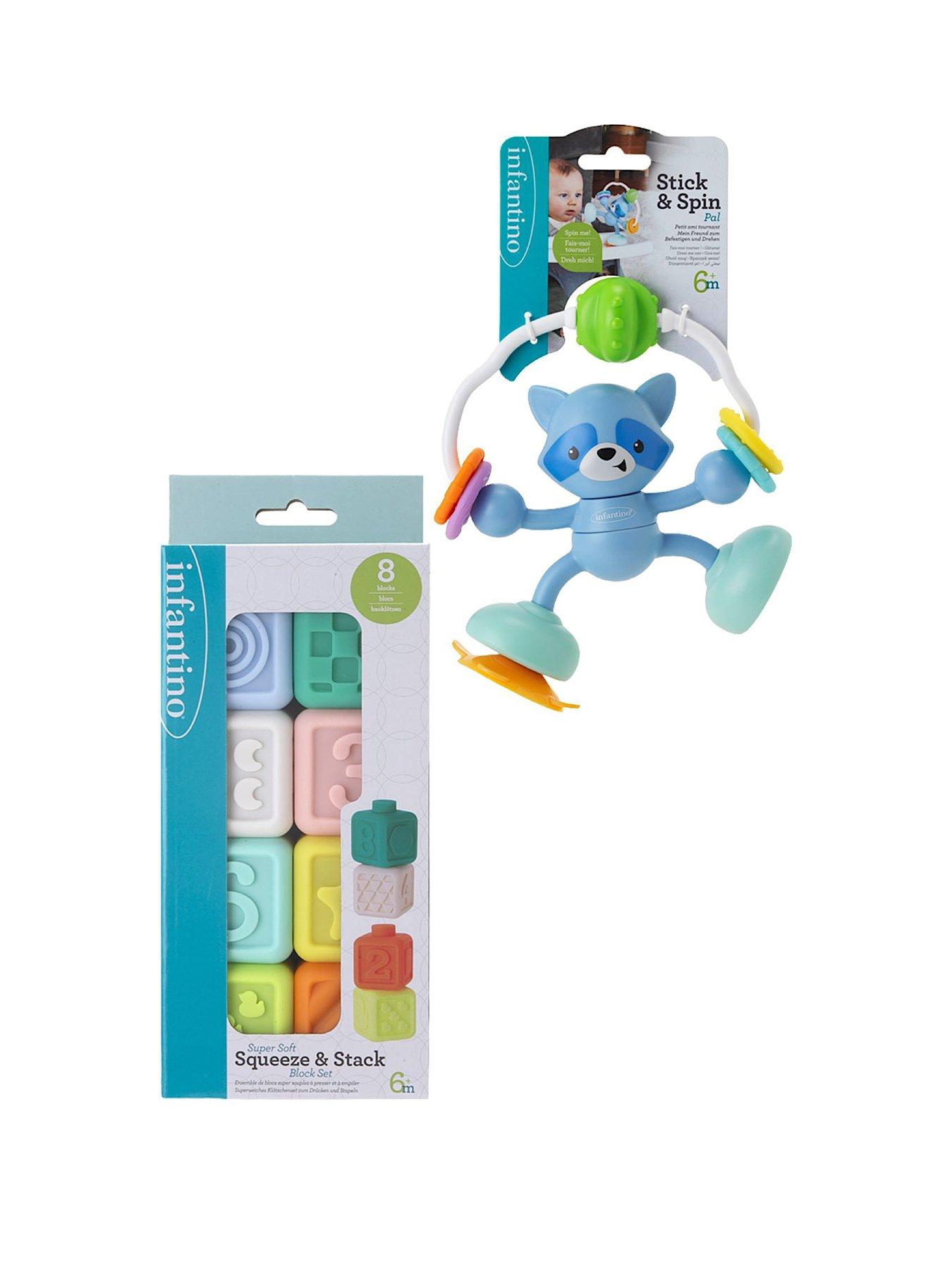 Stick & Spin Highchair Pal Raccoon & Super Soft Squeeze and Stack Block Bundle Set