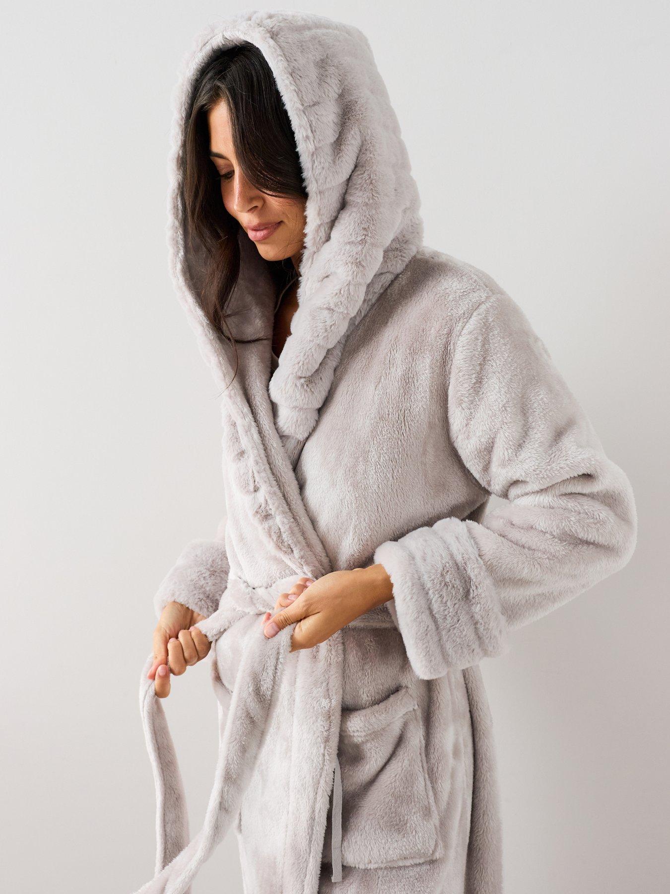 Image 4 of 7 of The Very Collection Plush Hooded Dressing Gown - Grey