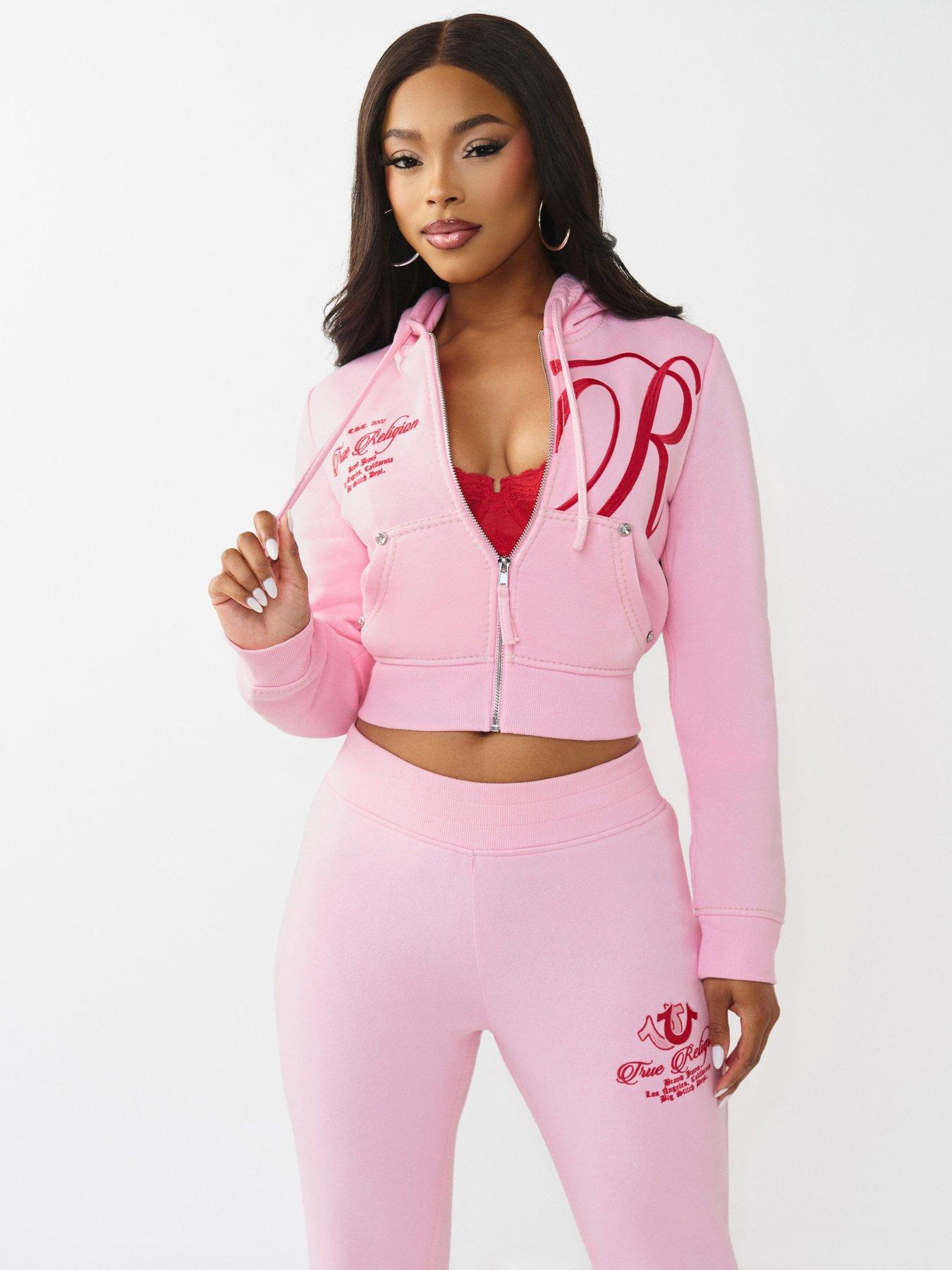 TRUE RELIGION Embroidered Big T Shrunken Zip Hoodie - Pink