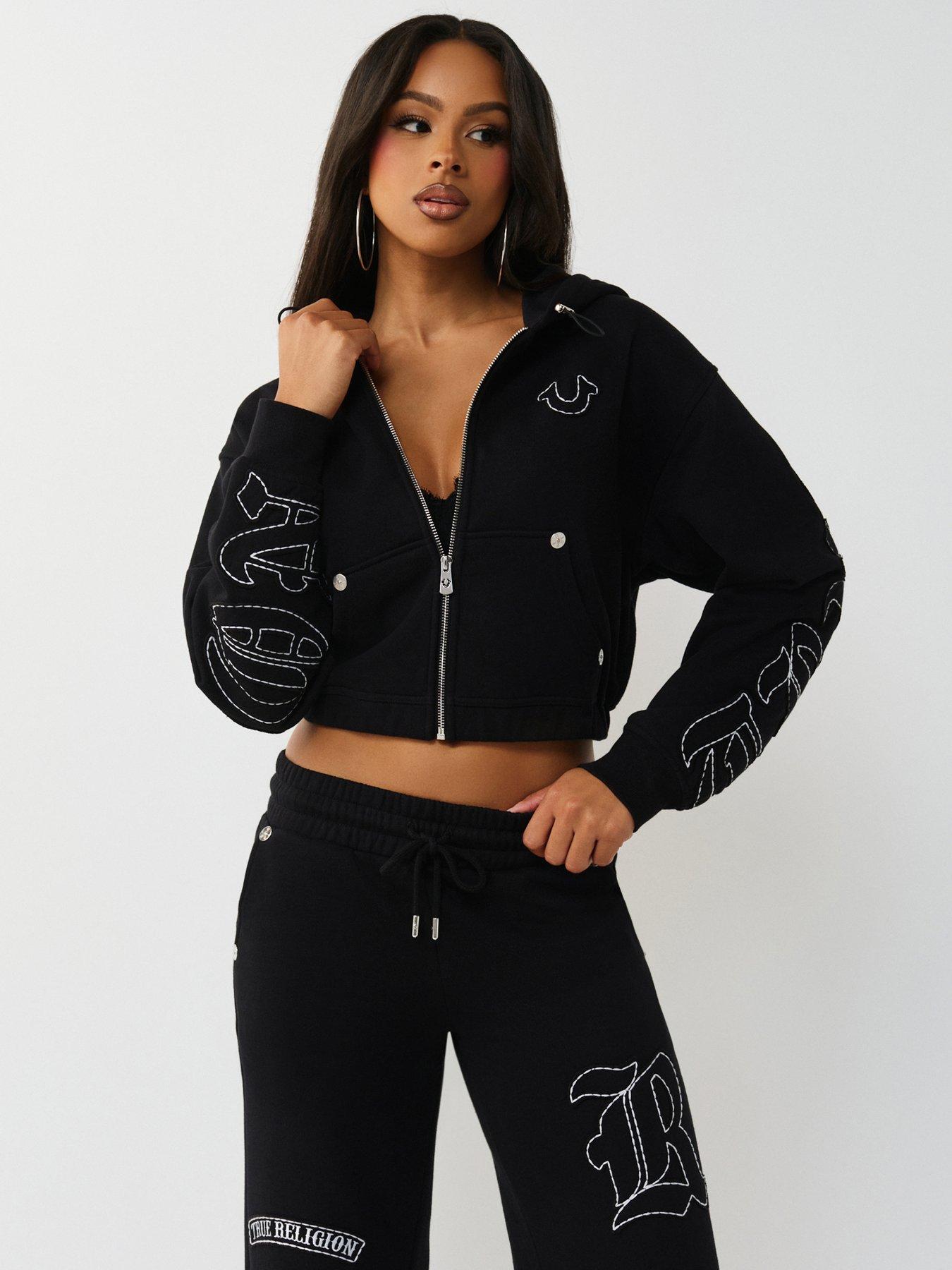 TRUE RELIGION Applique Relaxed Zip Up Hoodie - Black