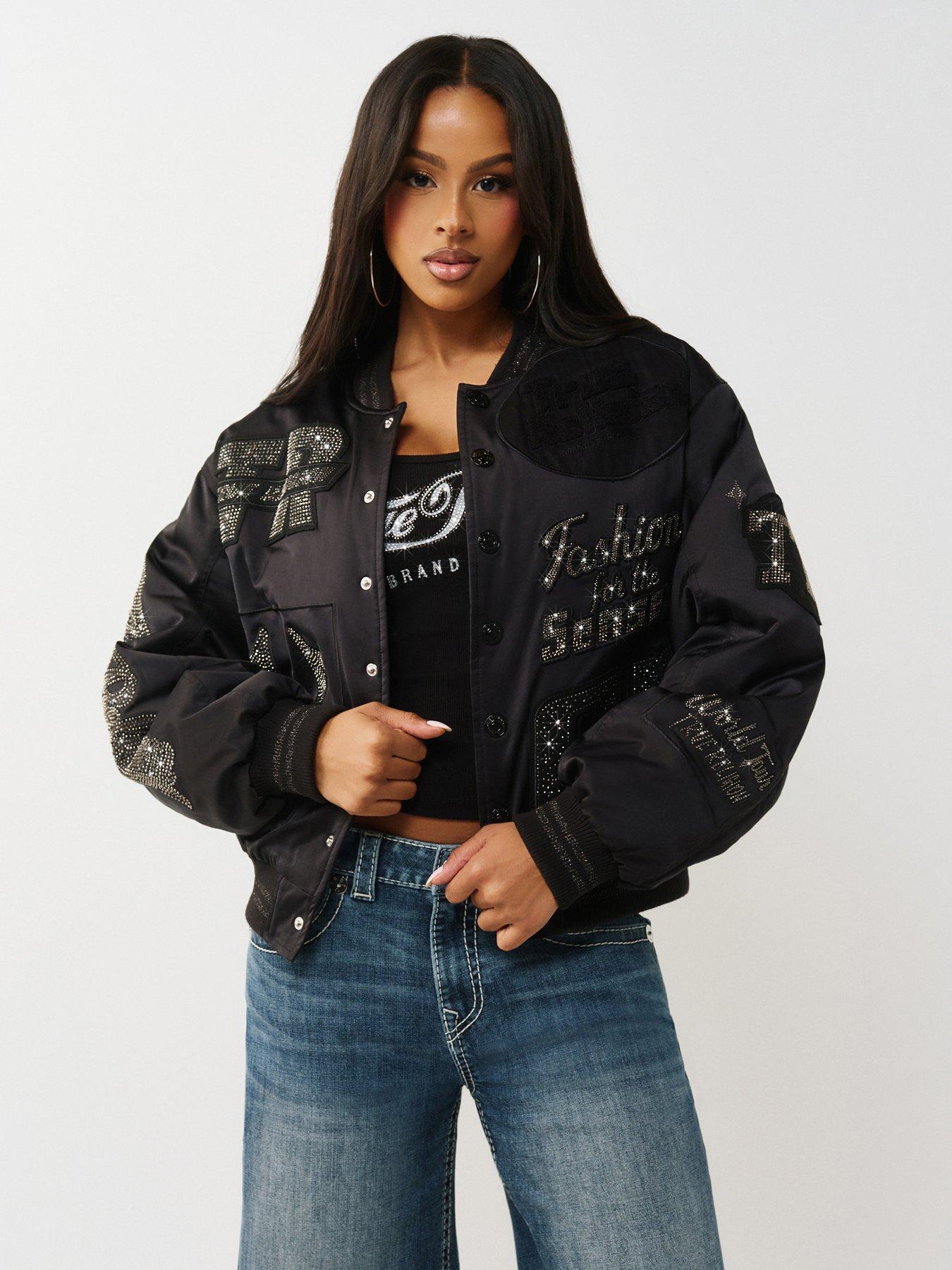 TRUE RELIGION Bedazzled Crystal Nylon Bomber - Black