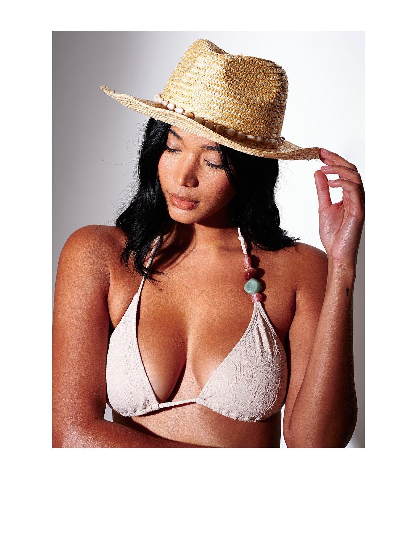 Image 1 of 4 of South Beach Straw Pearl Trim Cowboy Hat - Beige