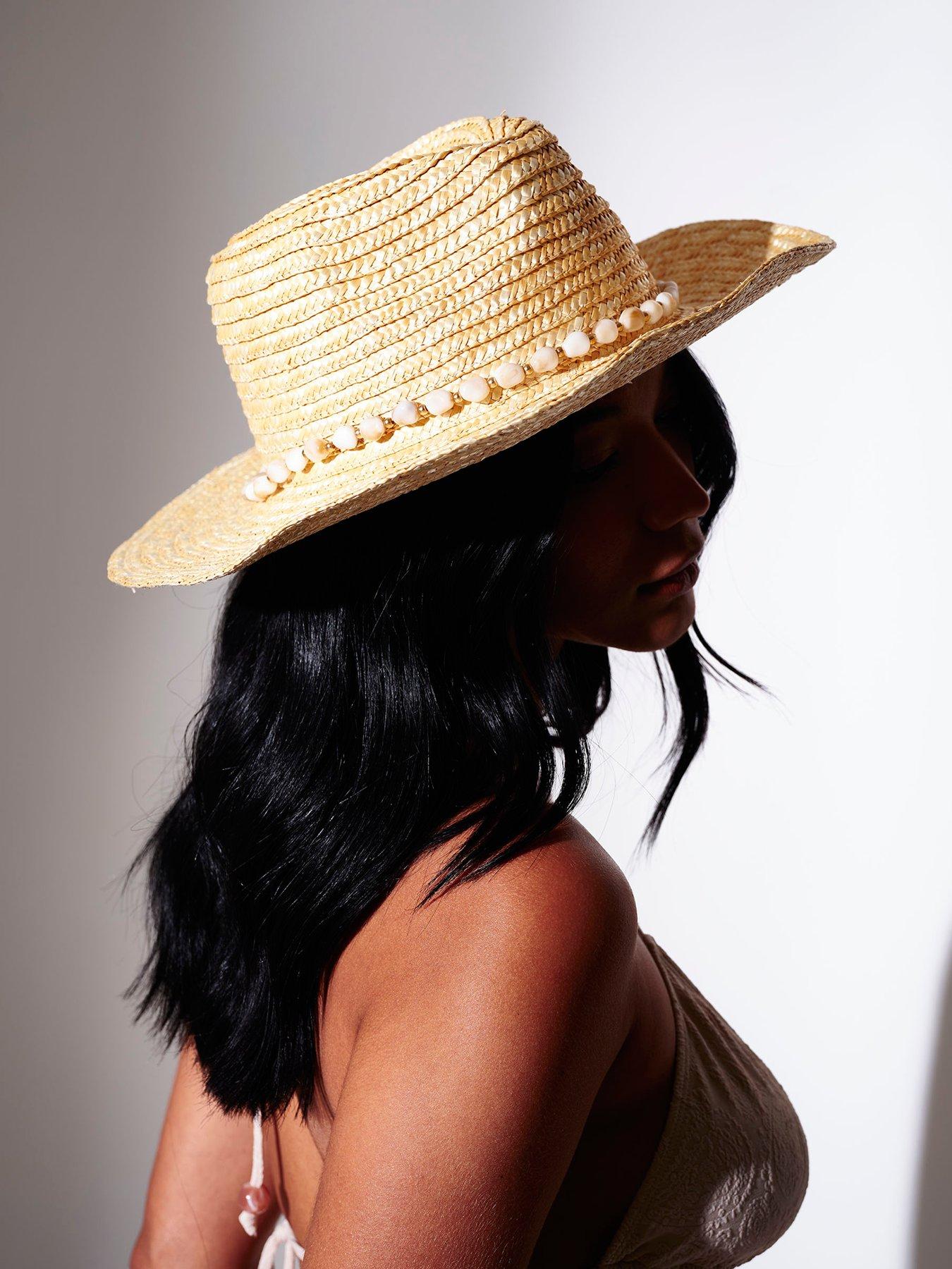 Image 4 of 4 of South Beach Straw Pearl Trim Cowboy Hat - Beige