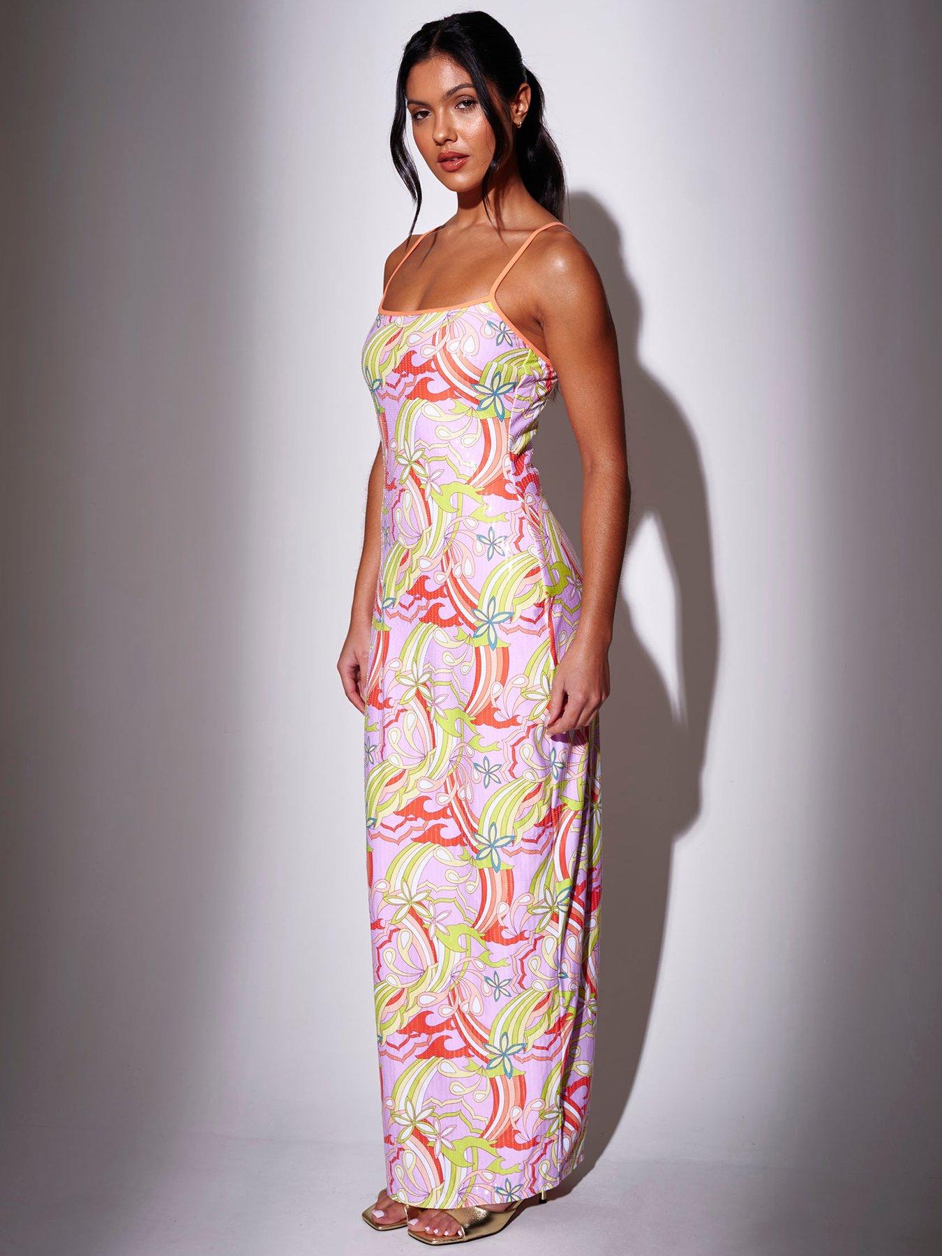 Image 1 of 5 of South Beach Retro Printed Sequin Maxi Dress - Multi