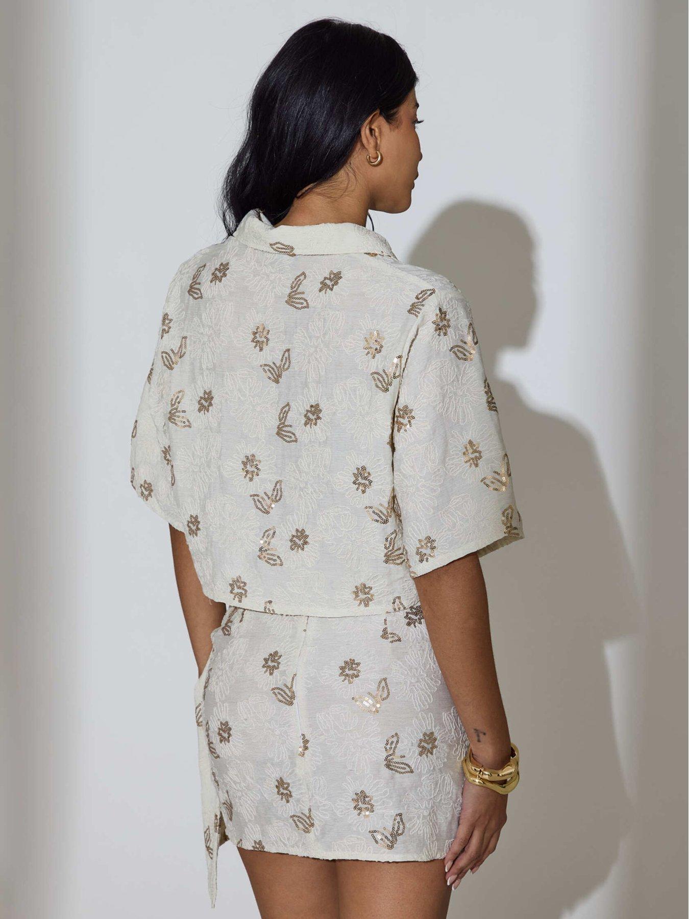 Image 2 of 4 of South Beach Floral Sequin Embroidered Wrap Mini Skirt - Cream